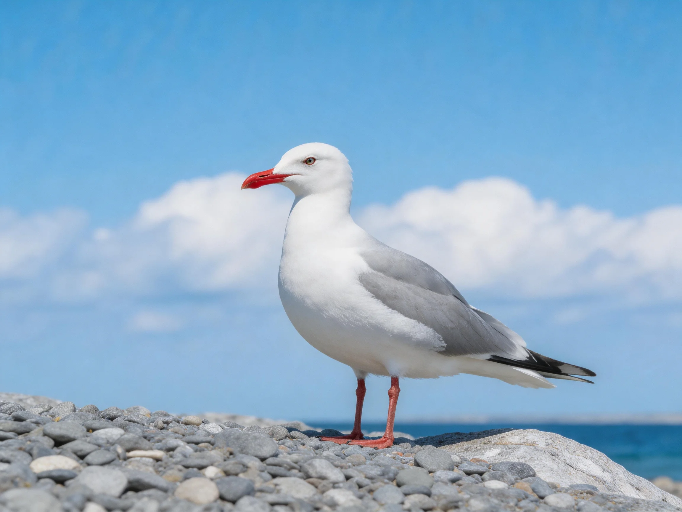 A seagull with red beak stands on gray pebbles by the sea