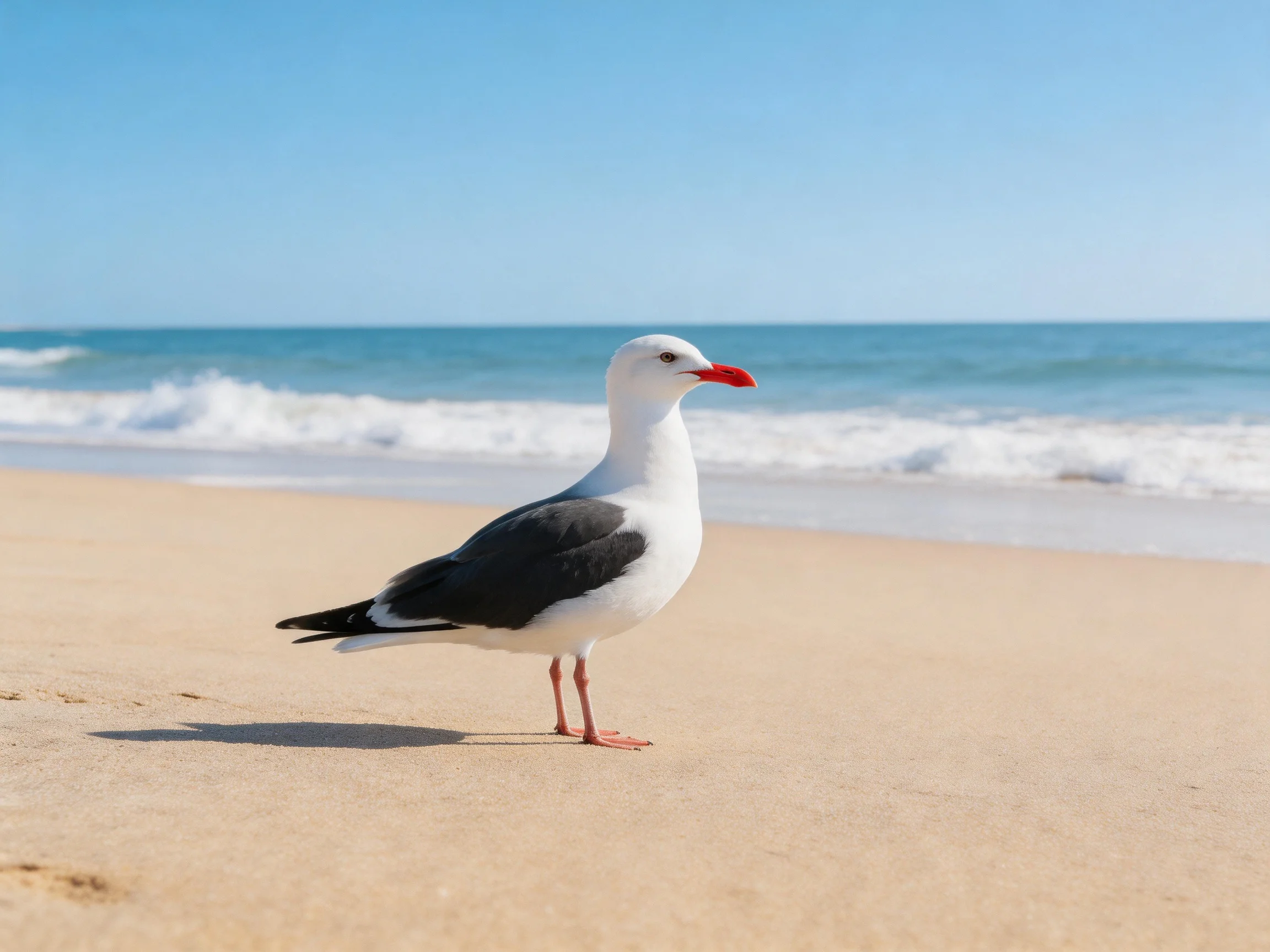 A seagull with a red beak stands on a sandy beach by the ocean.