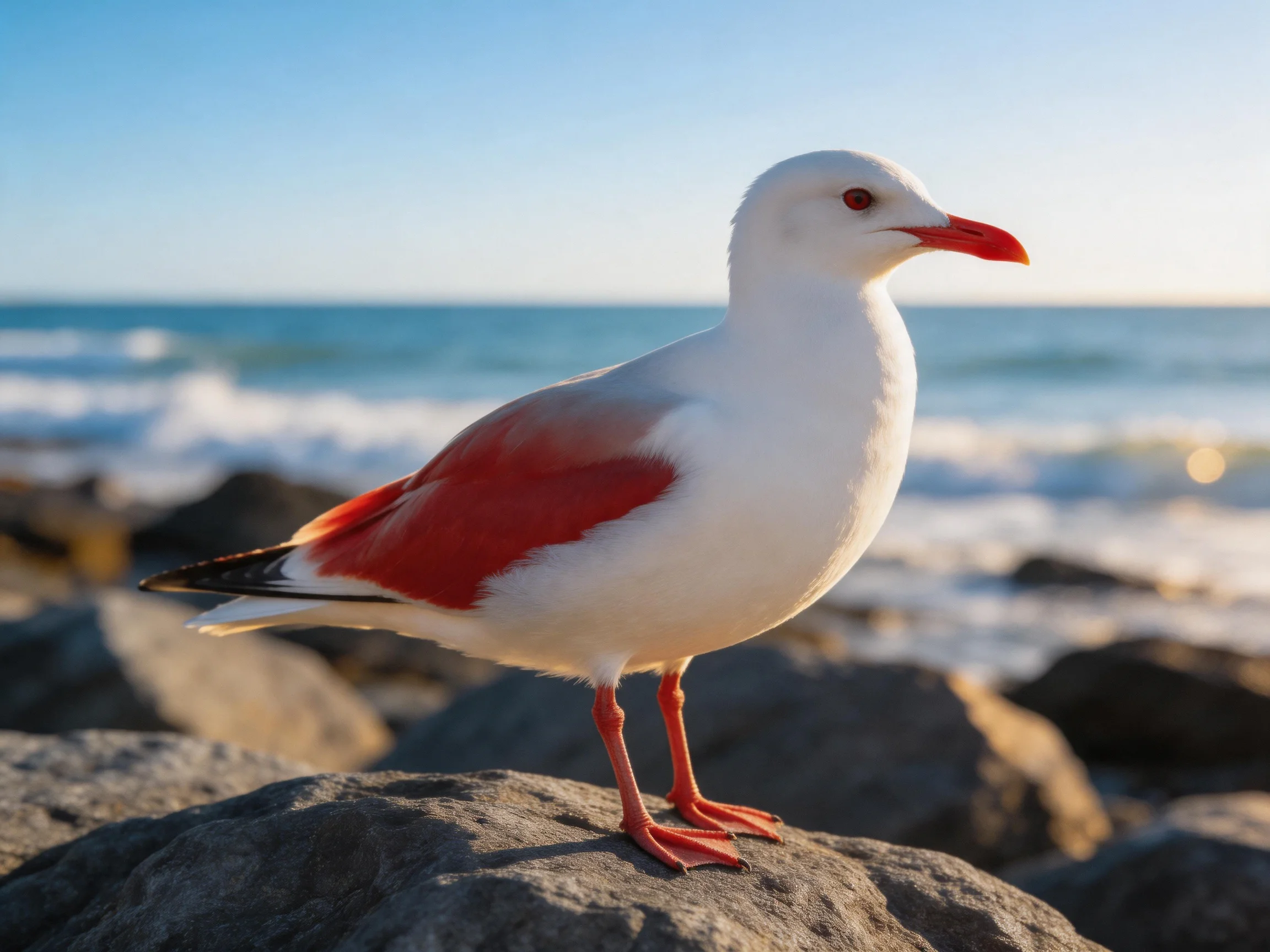 A seagull with red wing patches perched on coastal rocks