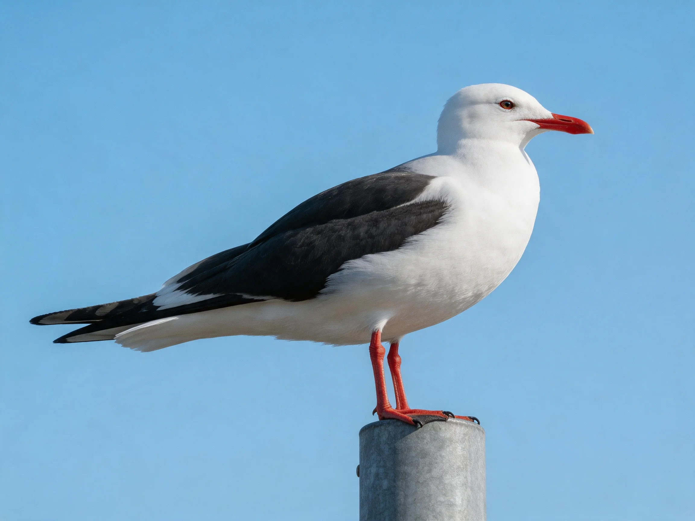 A seagull with contrasting plumage sits atop a metal post under a clear sky.