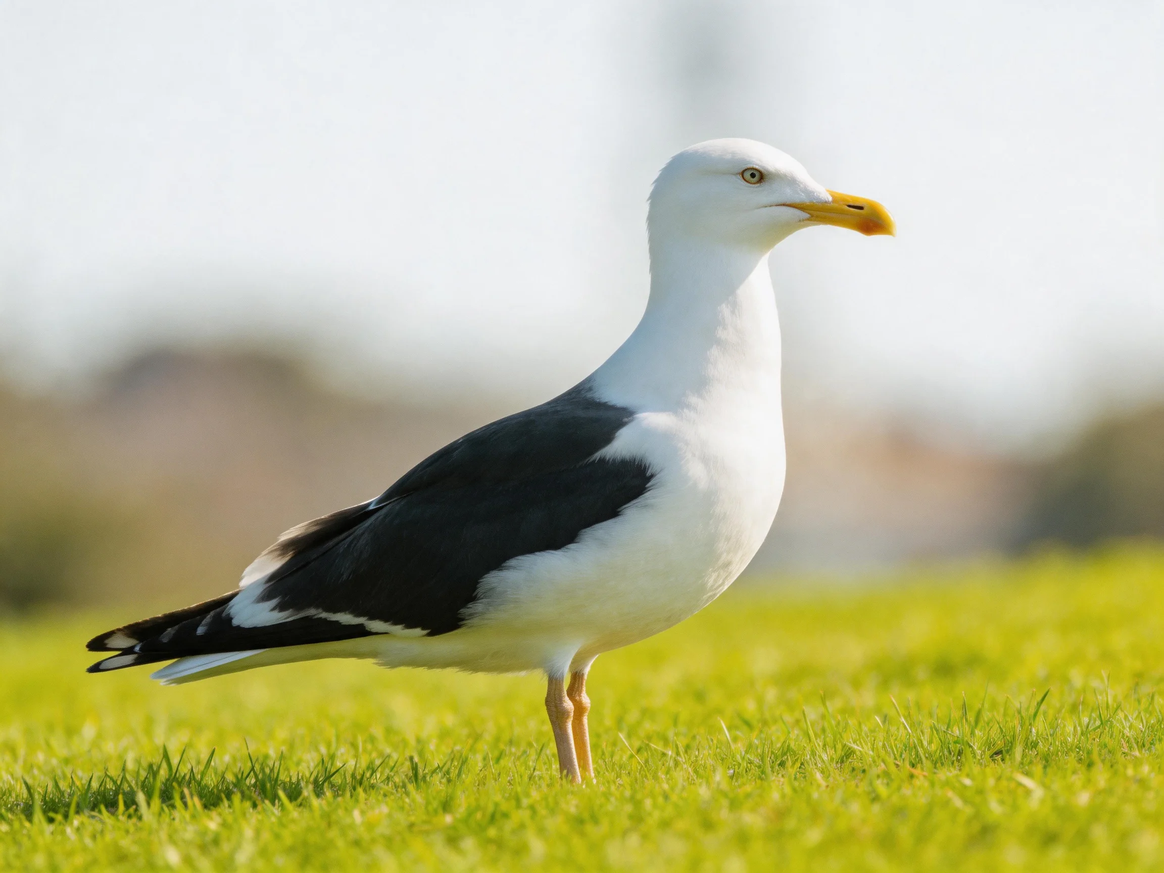 A seagull with white and black plumage stands on vibrant green grass