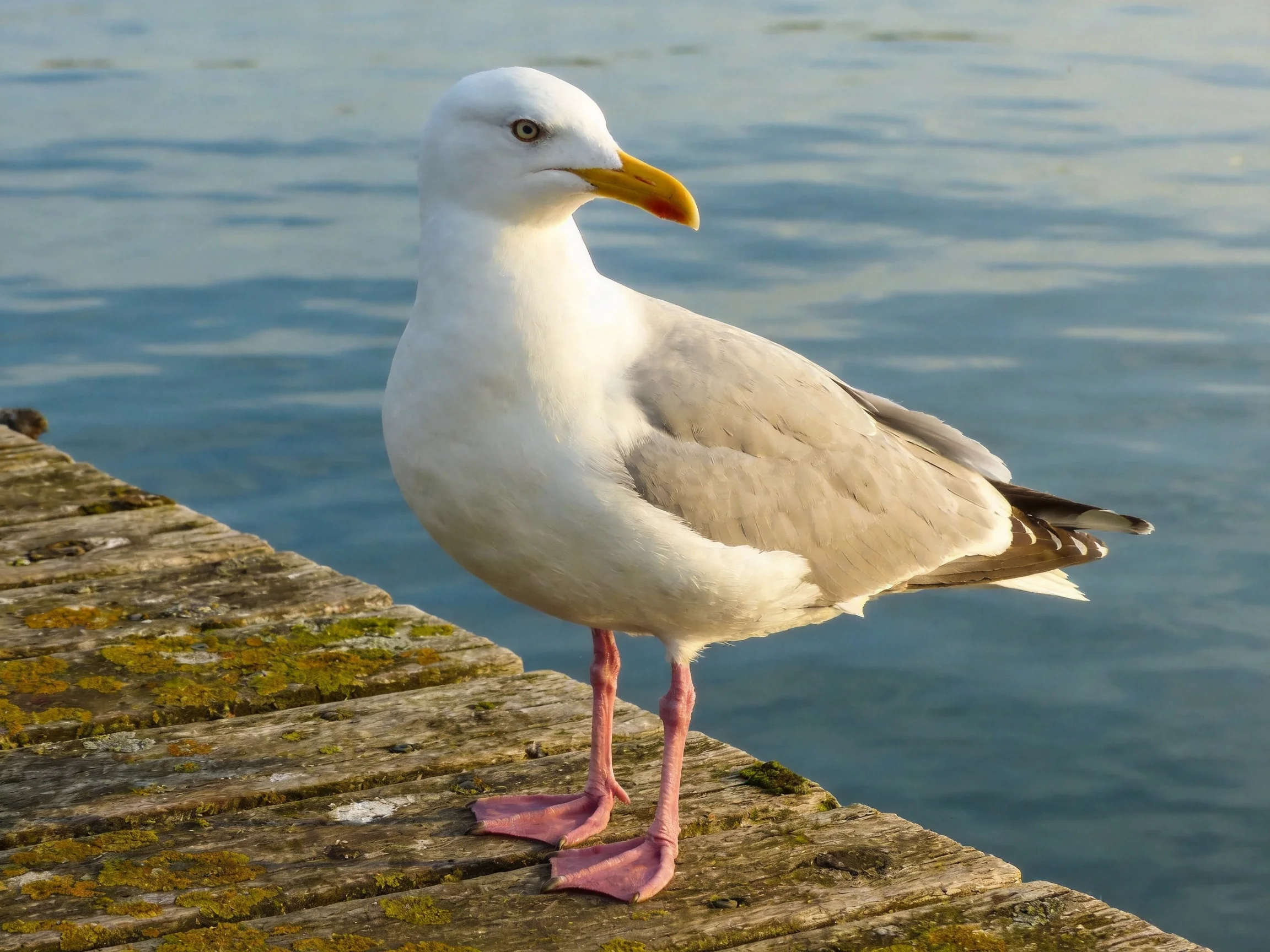 A seagull with white and gray feathers perches on a moss-covered dock near calm water
