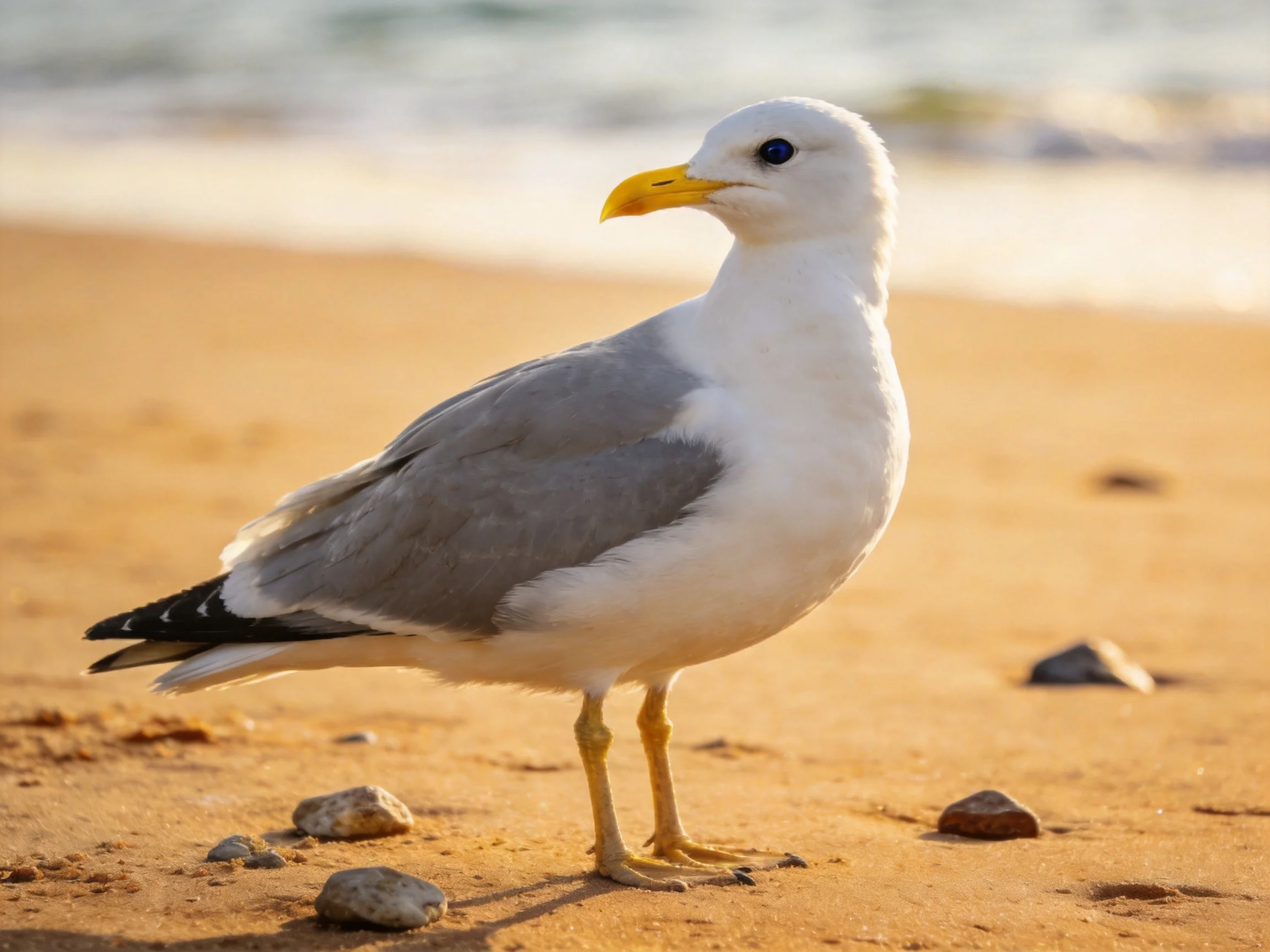 A seagull with white and gray feathers stands on a sandy beach