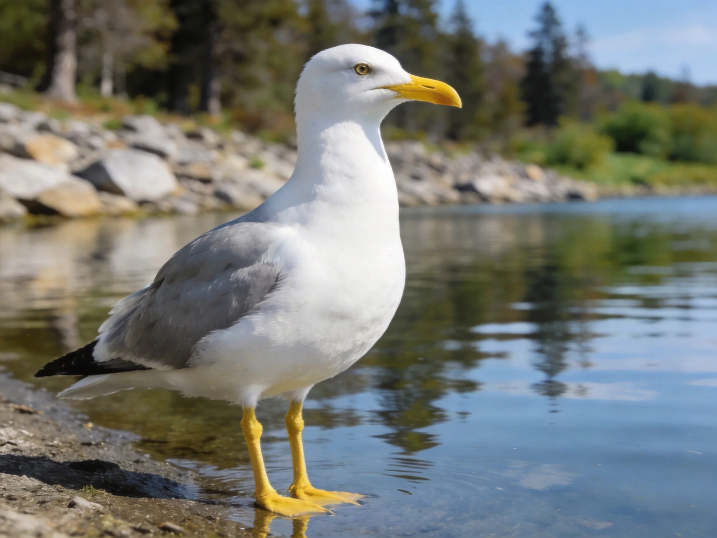 A seagull with white and gray plumage stands by calm water