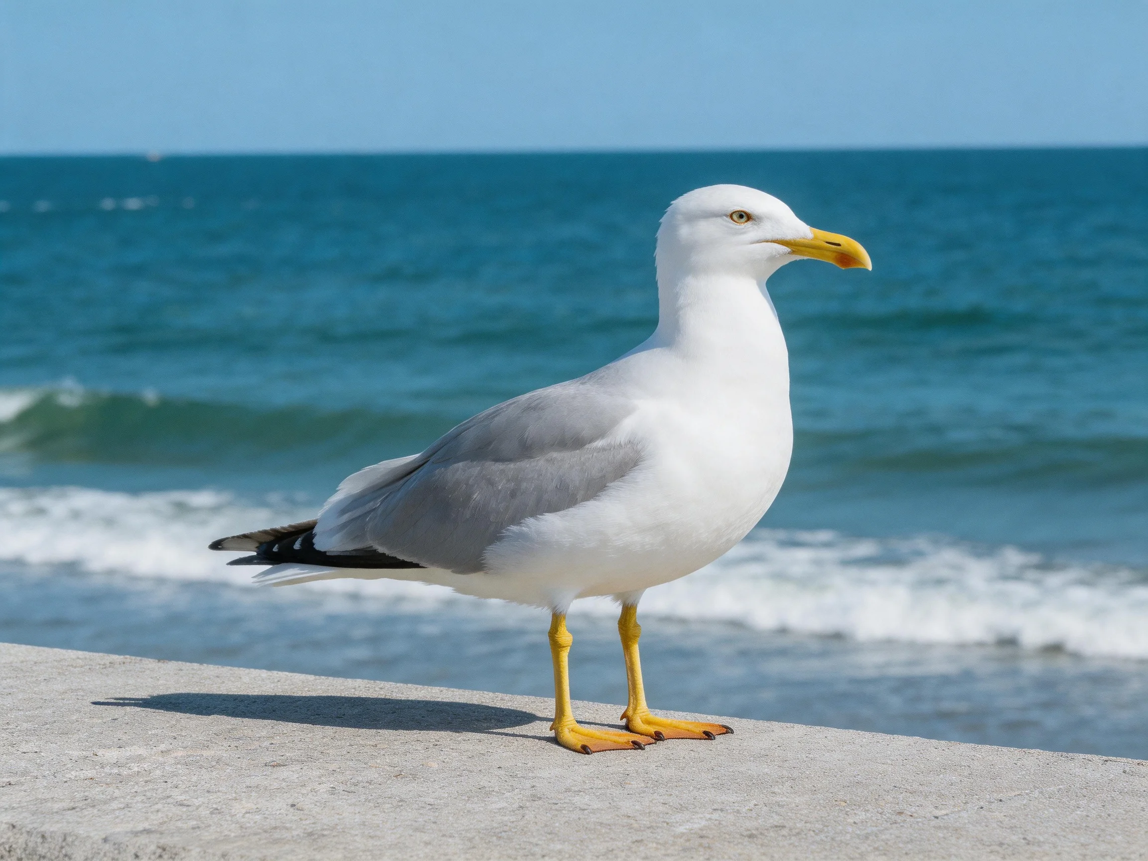 A seagull with white and gray plumage stands near the blue ocean waves.