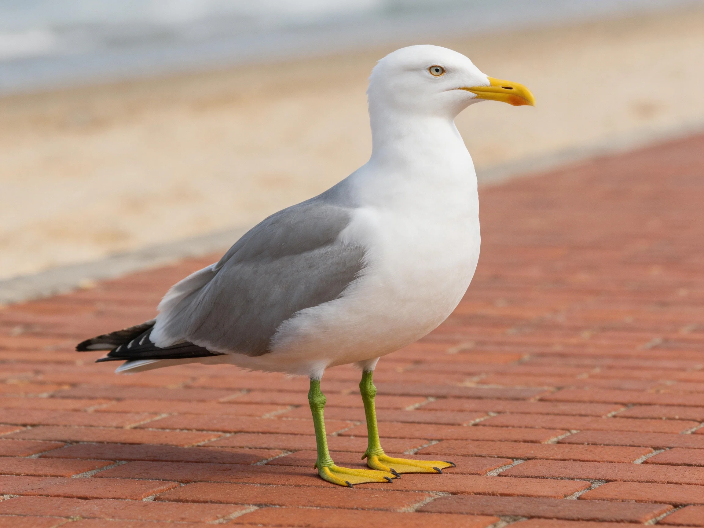 A seagull with white and gray plumage stands on a brick walkway near a sandy shore