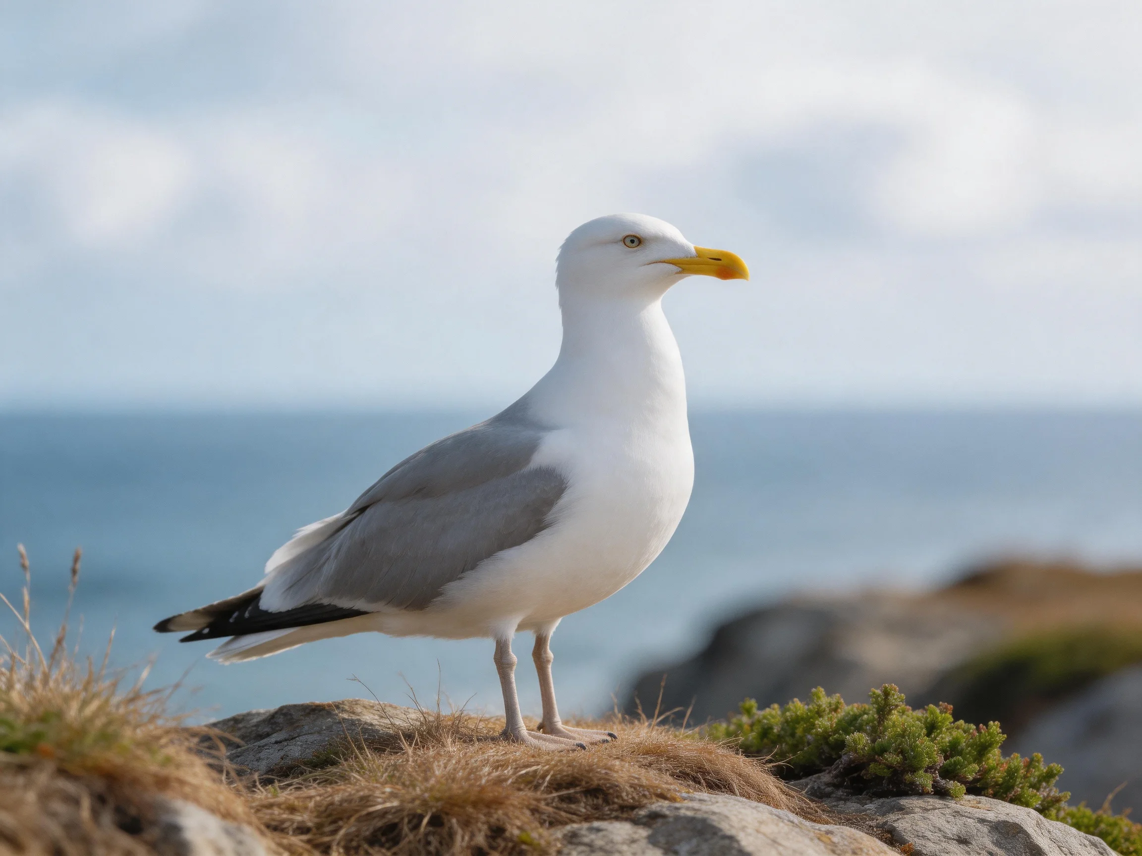 A seagull with white and gray plumage stands on coastal rocks