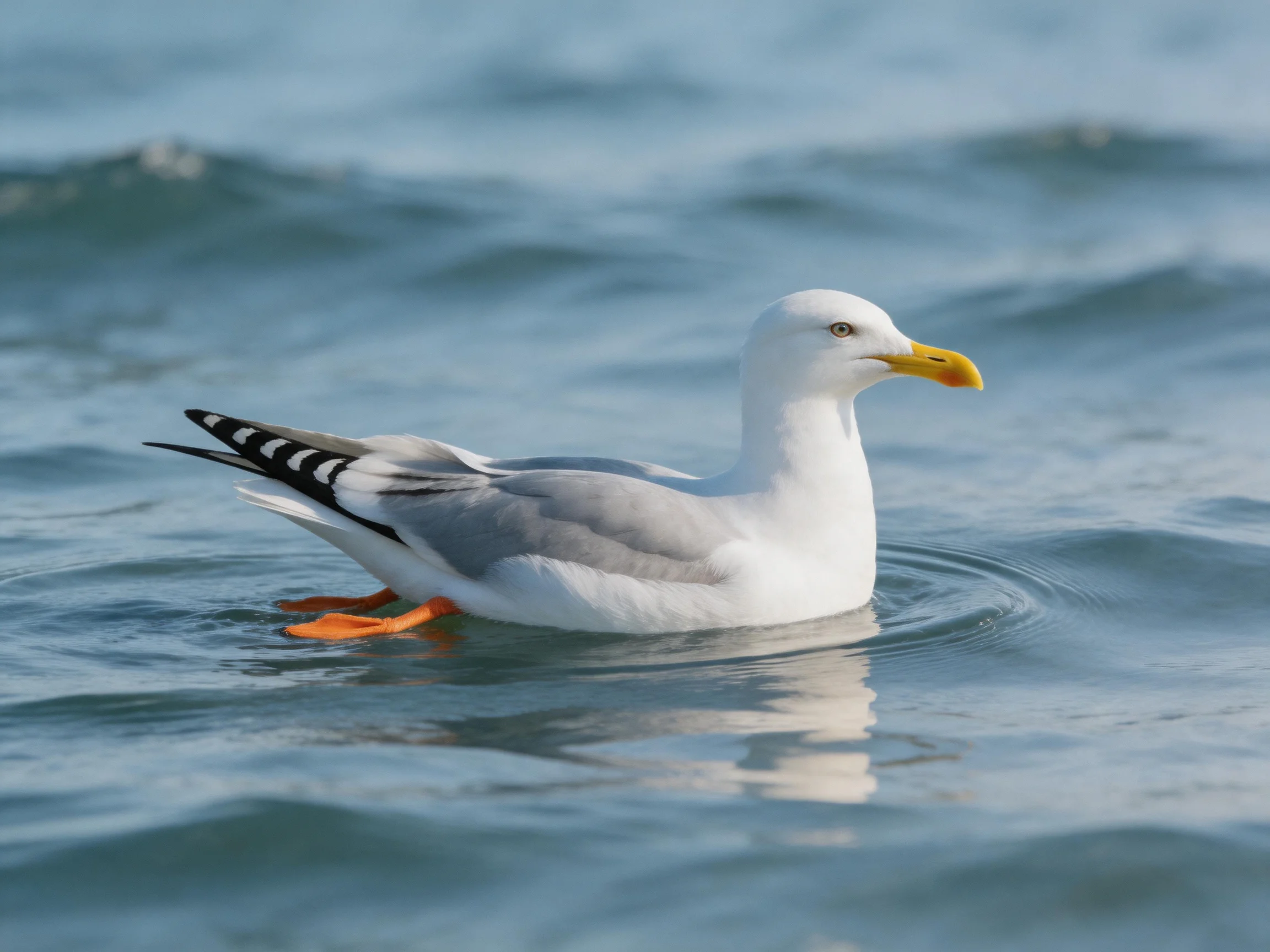 A seagull with white and gray plumage swims in calm blue waters