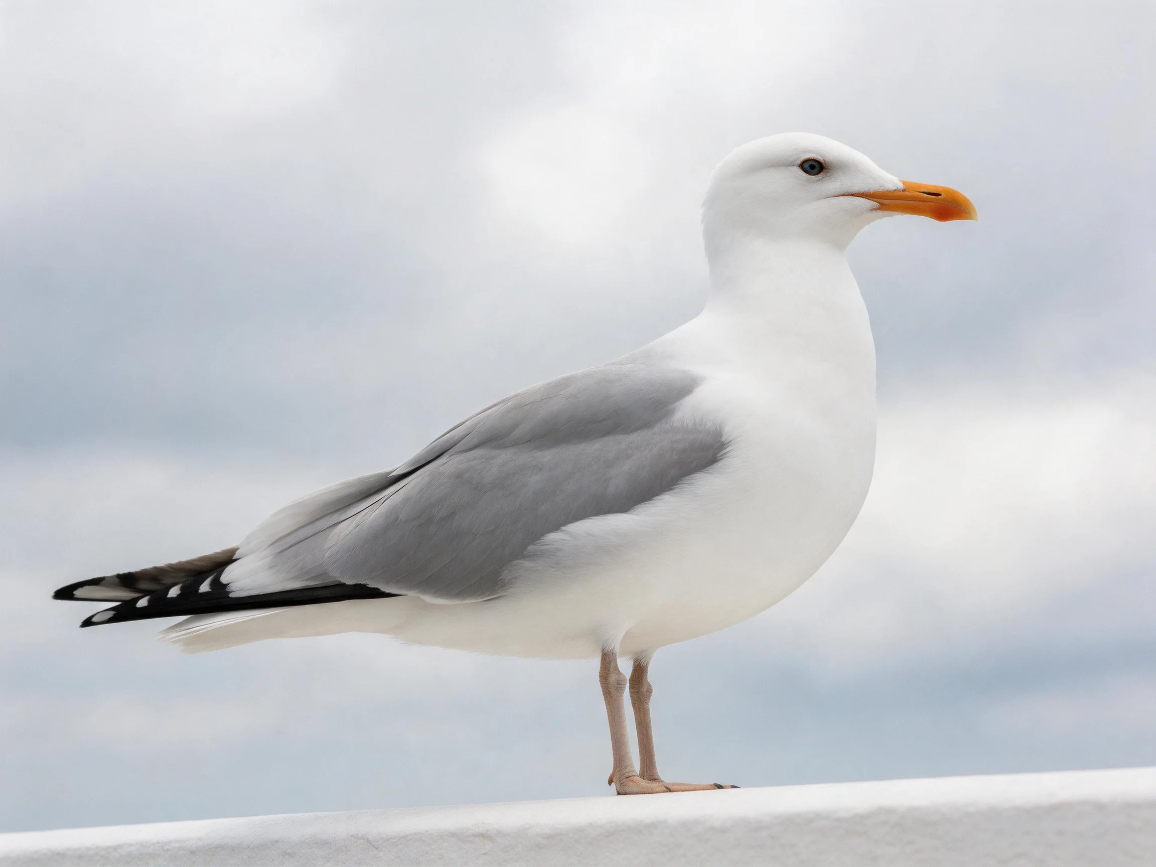 A seagull with white body, gray wings, and orange beak perched