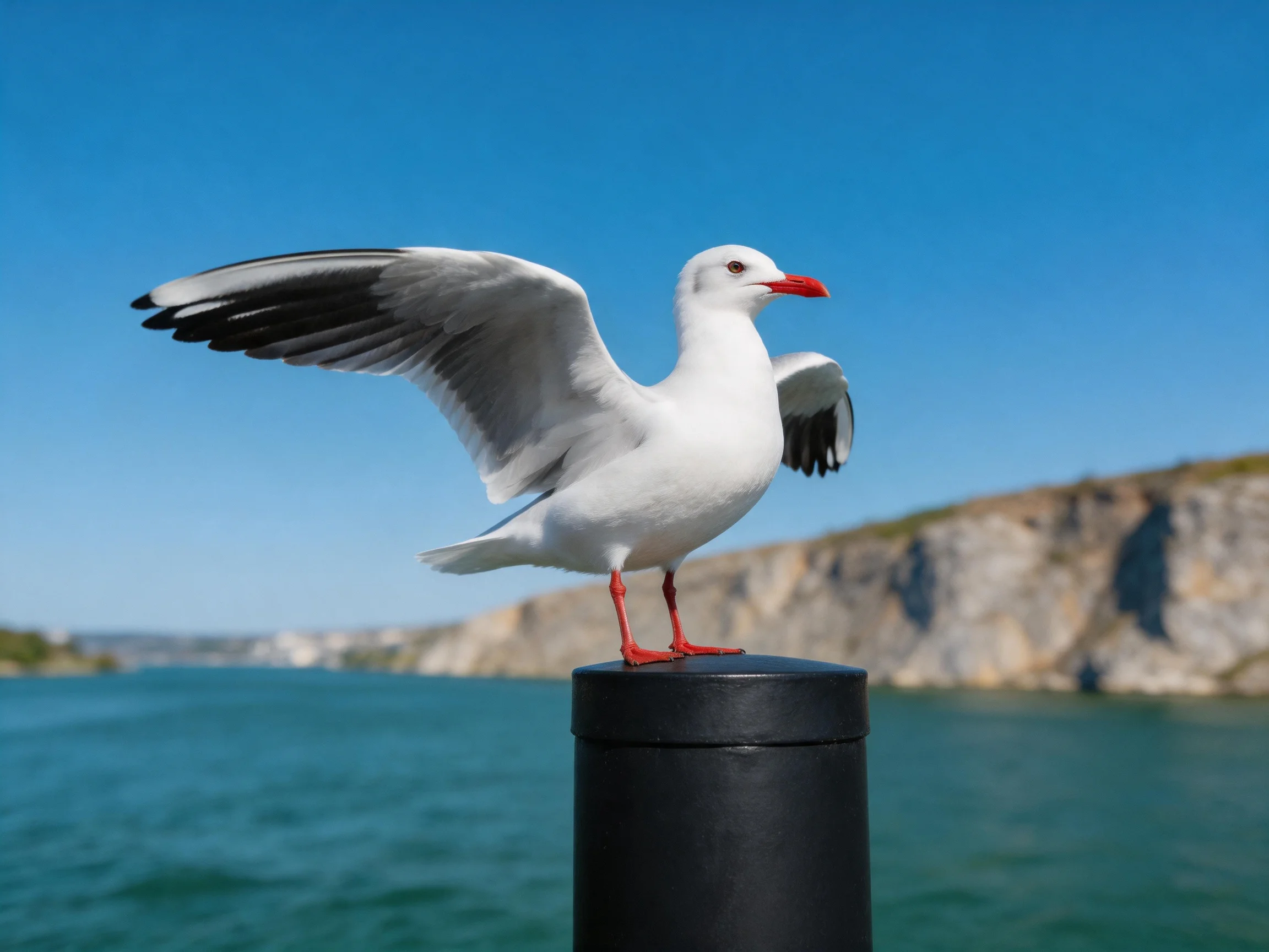 A seagull with white feathers and black wingtips perches on a dark post