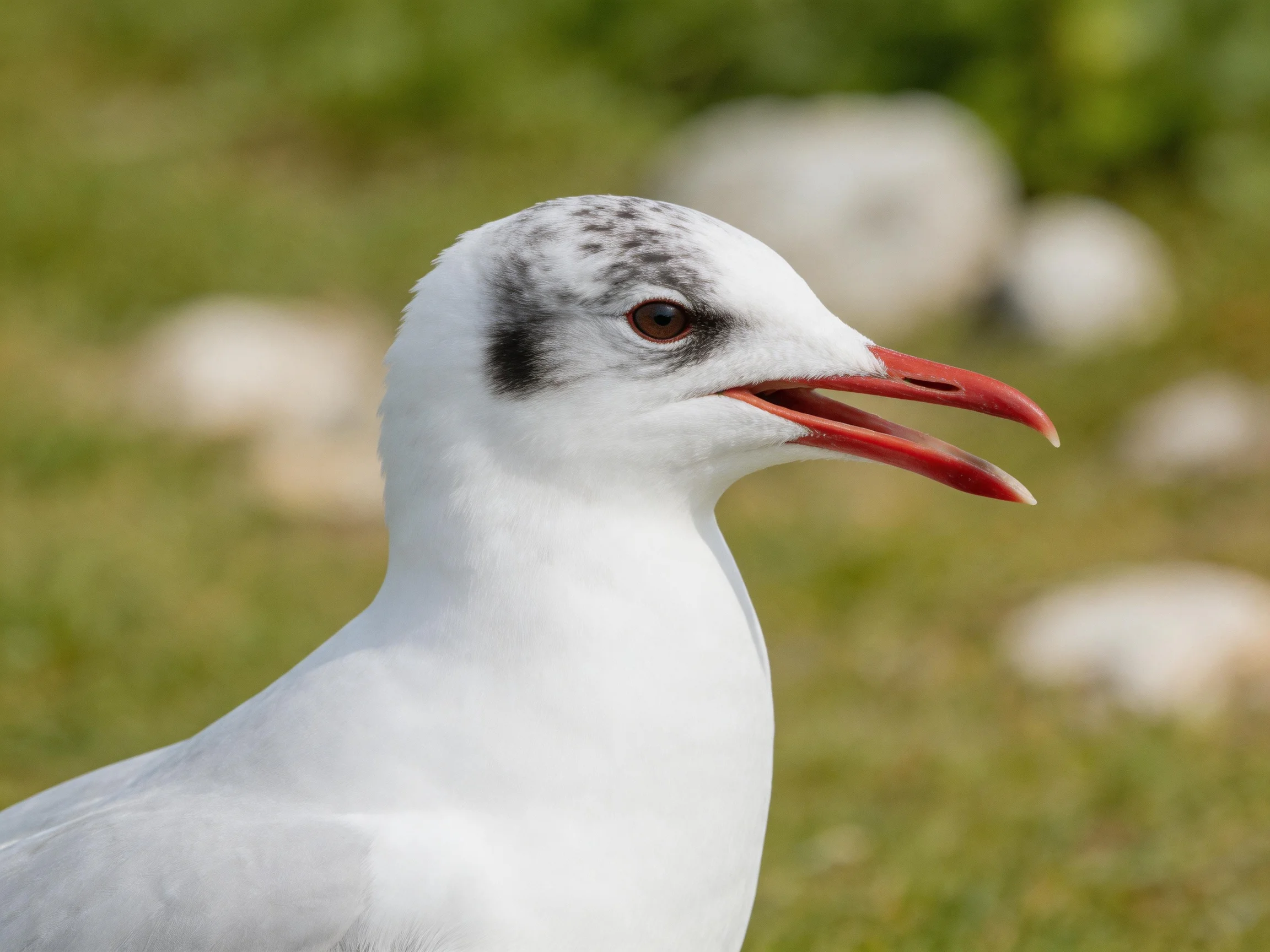 A seagull with white feathers and red beak near blurred greenery