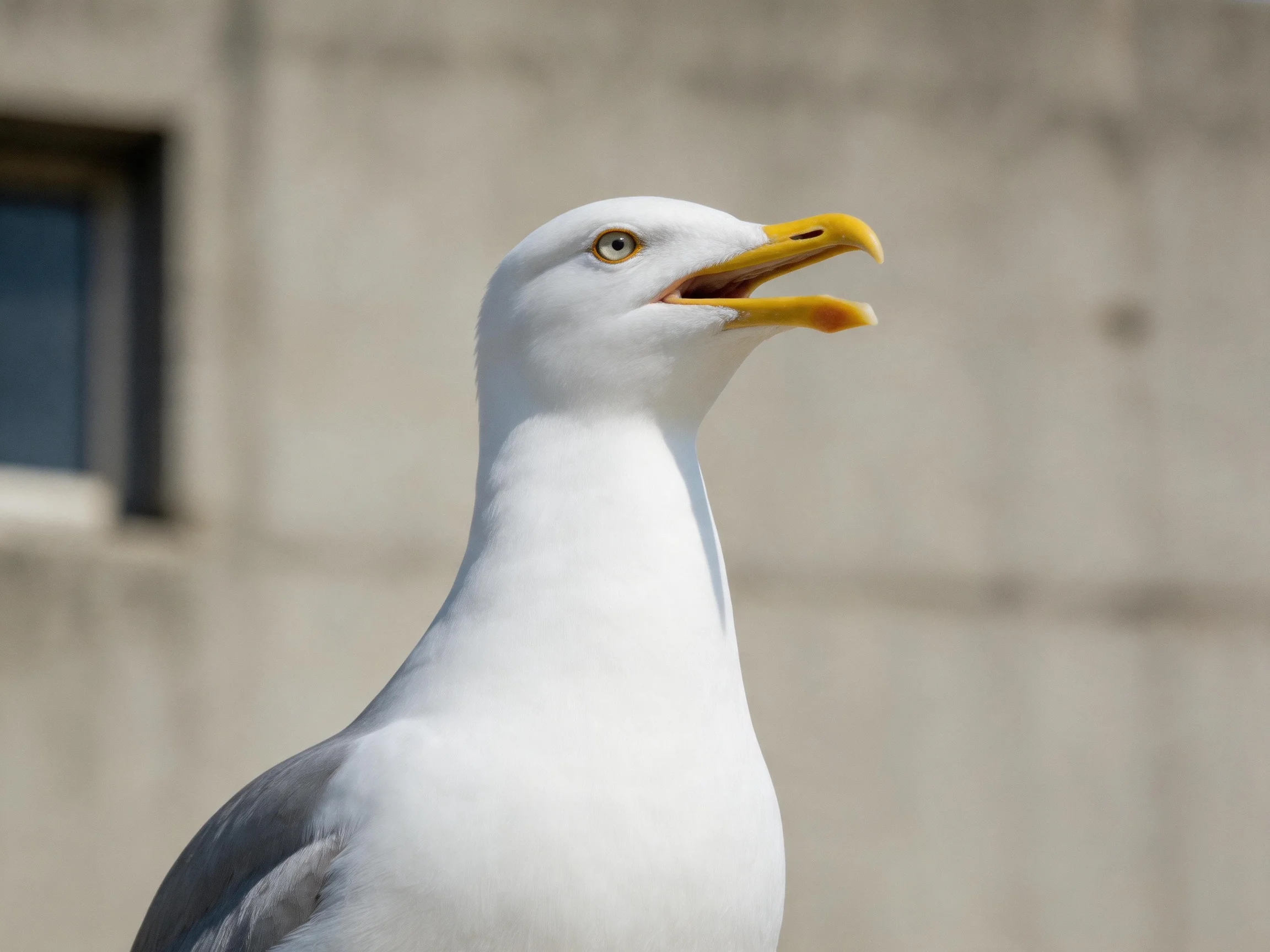 A seagull with white plumage and yellow beak near a concrete structure