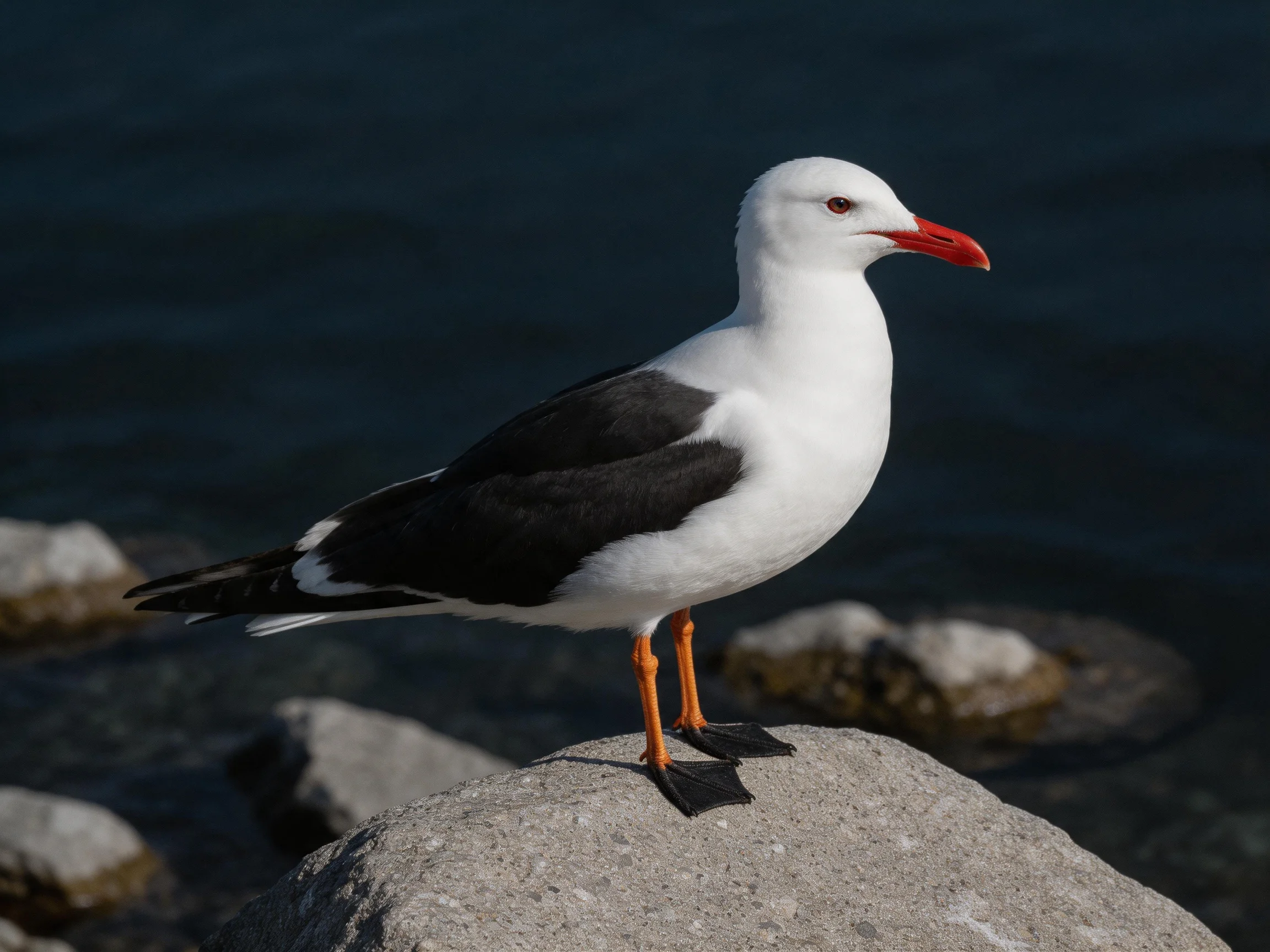 A seagull with white plumage perched on a gray rock by dark water