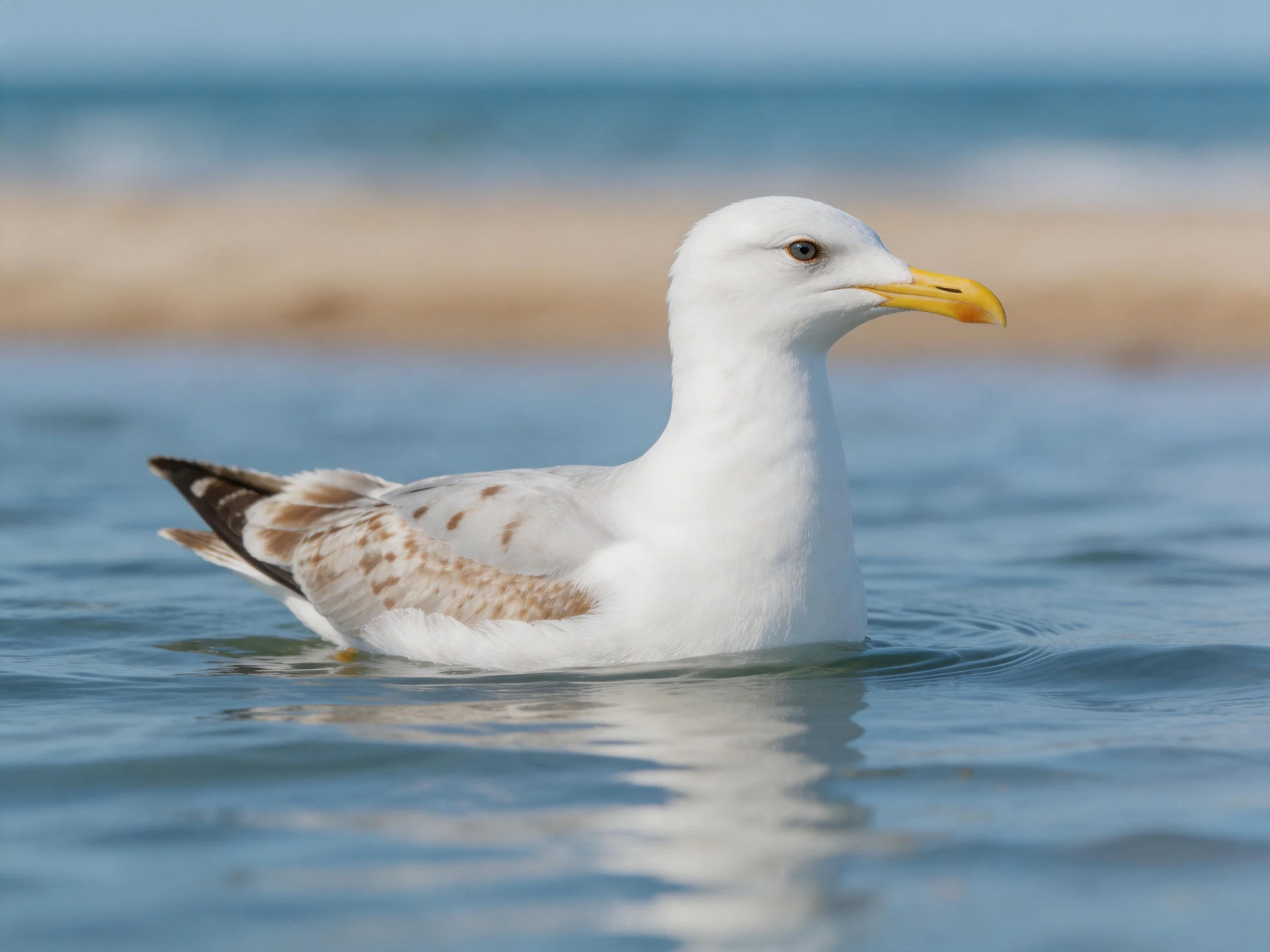 A seagull with white plumage swims in calm blue waters