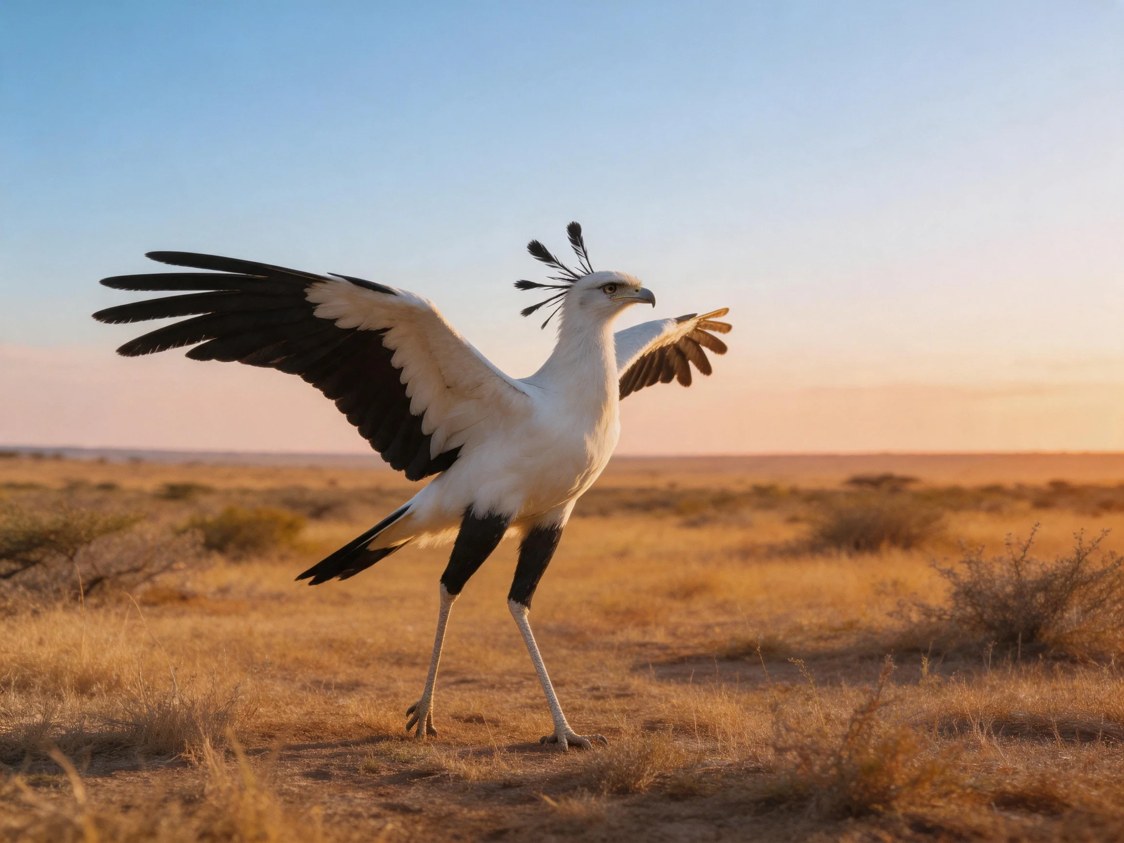 A secretary bird spreads wings in golden savannah landscape