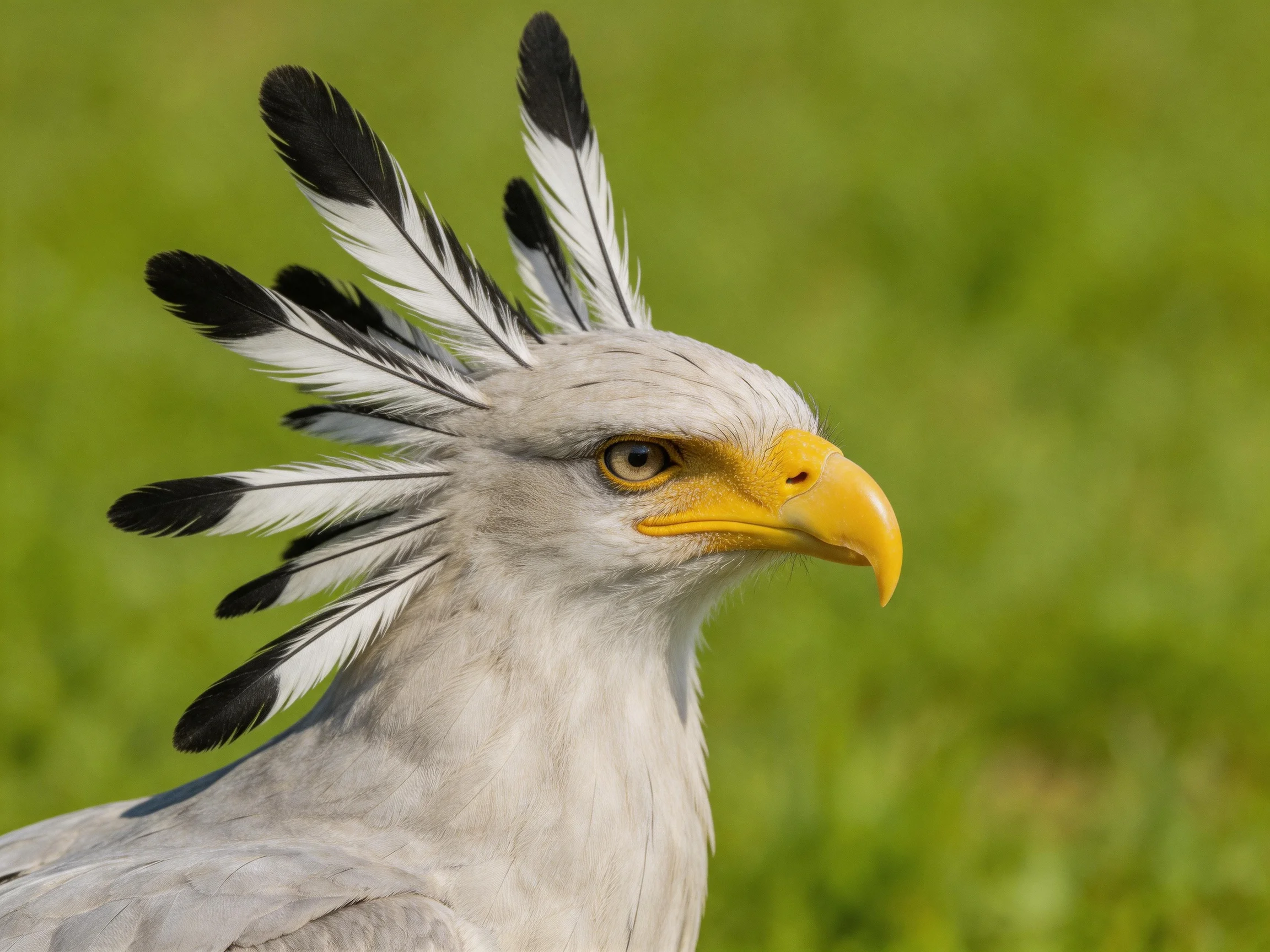 A secretary bird with striking black-and-white crest feathers