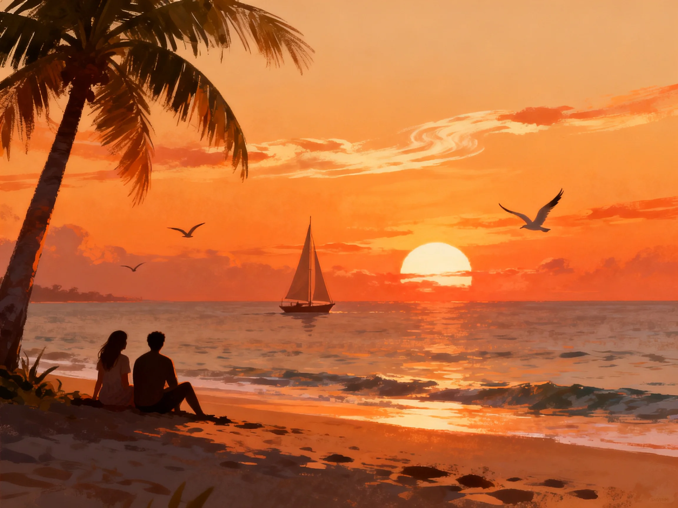 A serene beach sunset with silhouetted couple, palm tree, sailboat, and seagulls