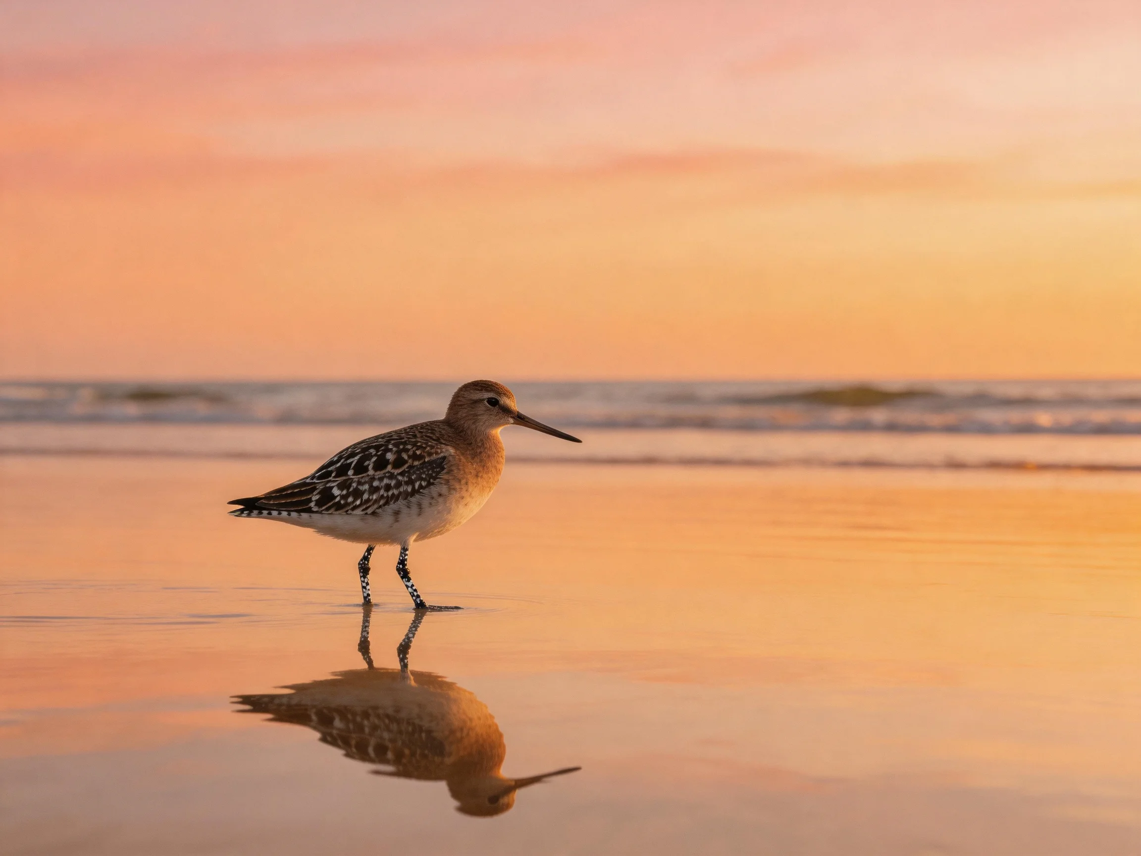A shorebird stands on wet sand reflecting in golden sunset hues