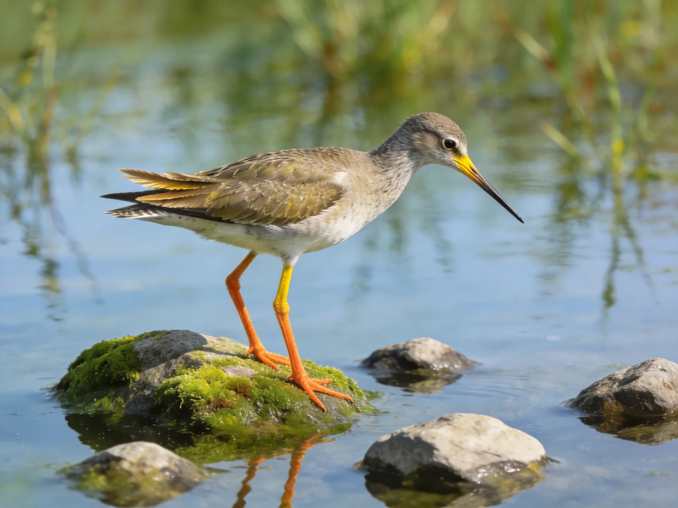 A shorebird with orange legs perches on a mossy rock in shallow water