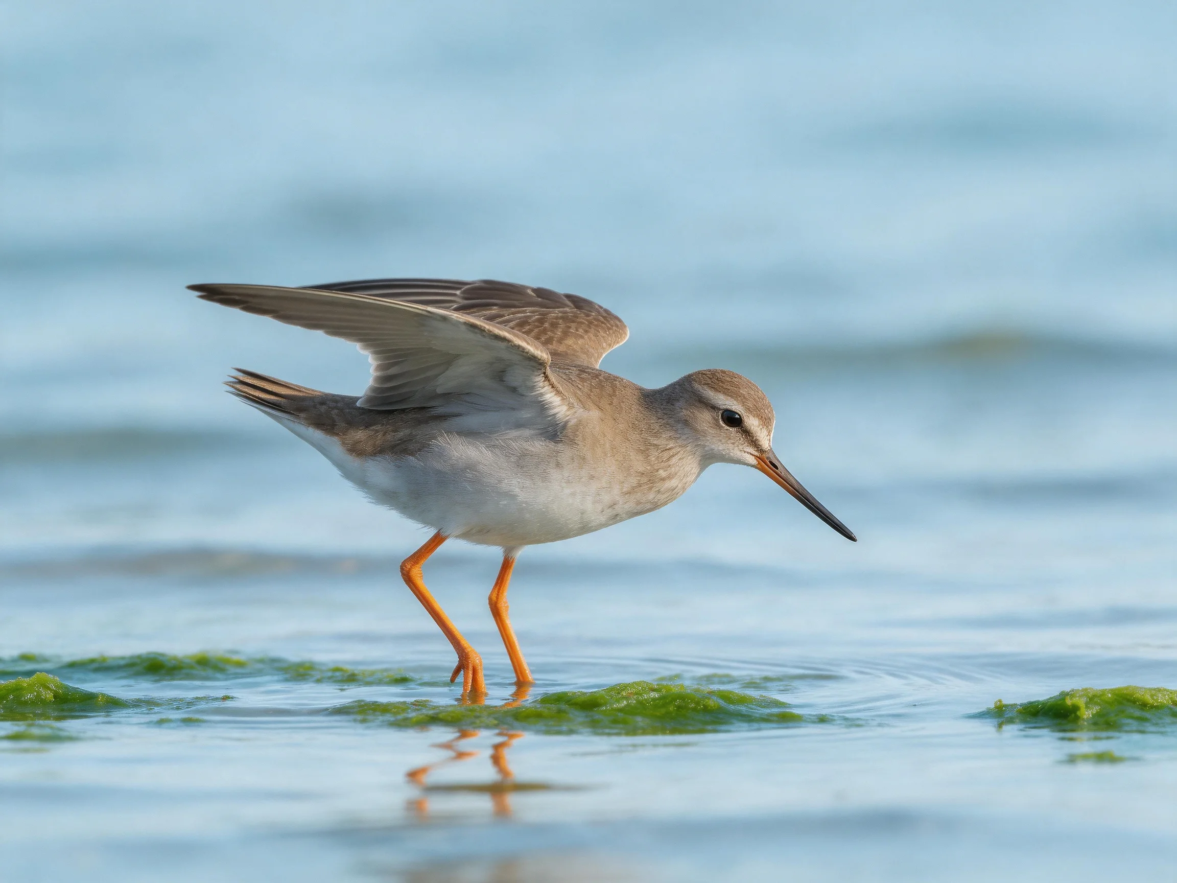 A shorebird with orange legs foraging in shallow water with green algae