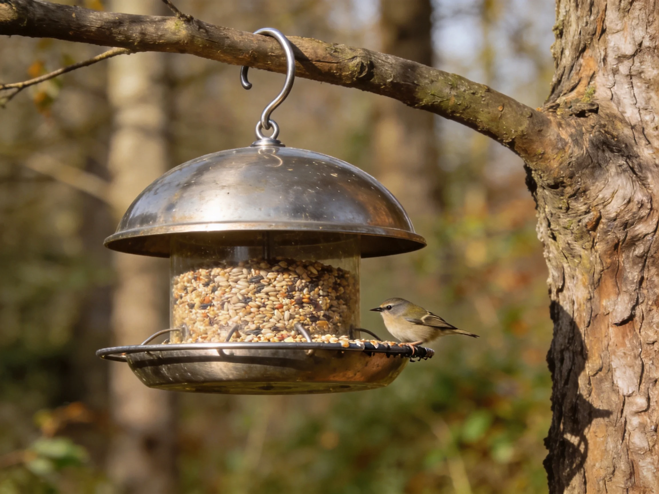 A silver bird feeder hangs from a tree branch with a small brown bird feeding