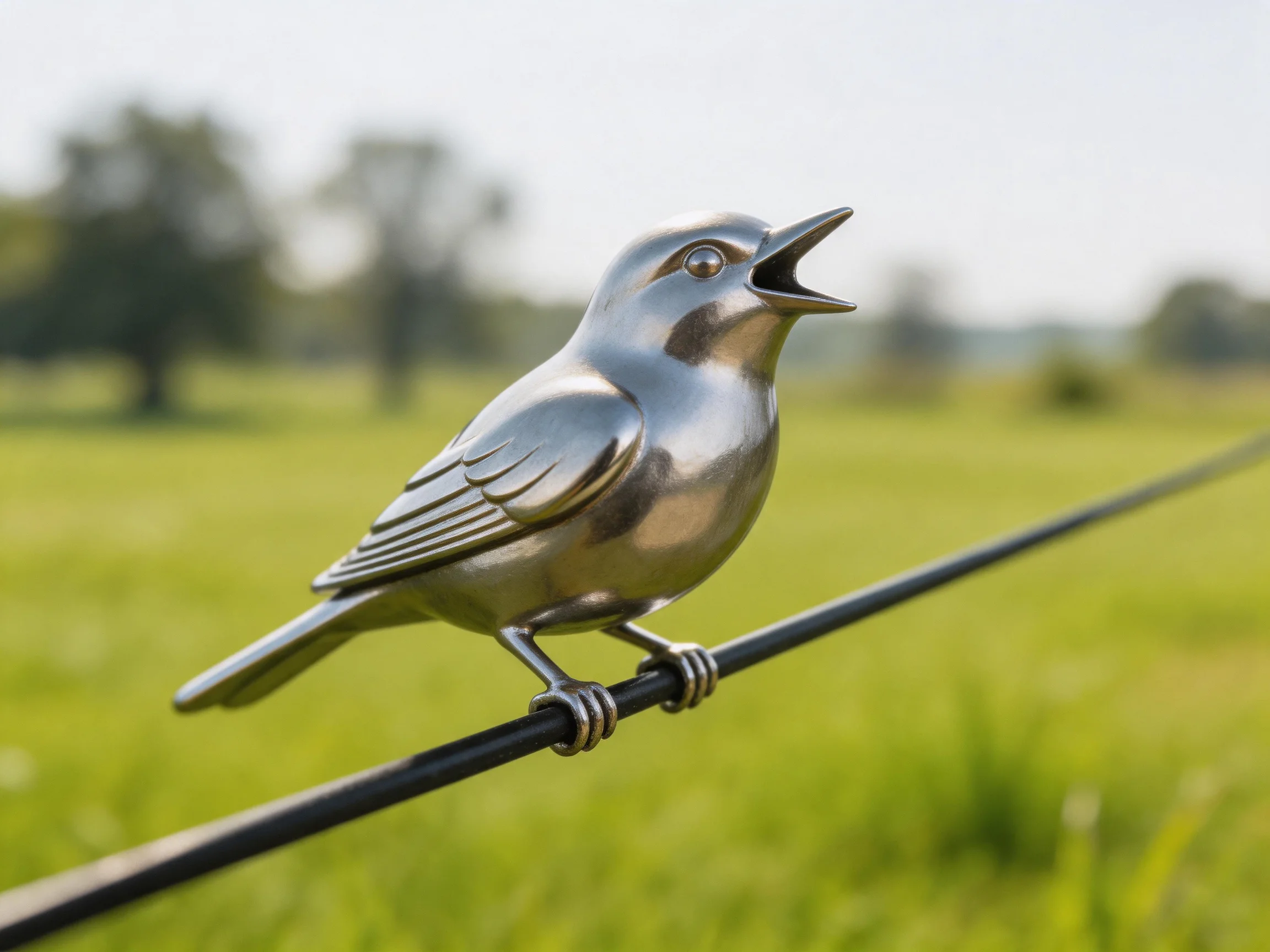 A silver bird sculpture perched on a wire in a green open field