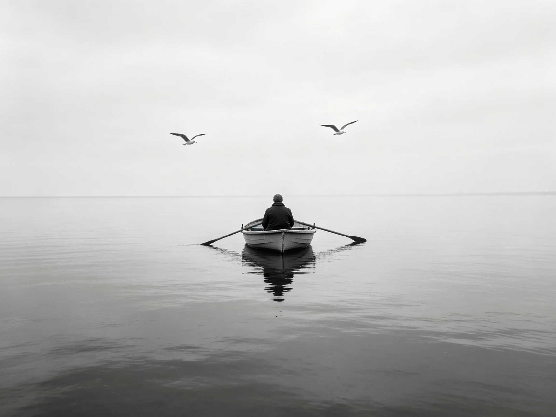A single person rows a small boat on calm water with two seagulls
