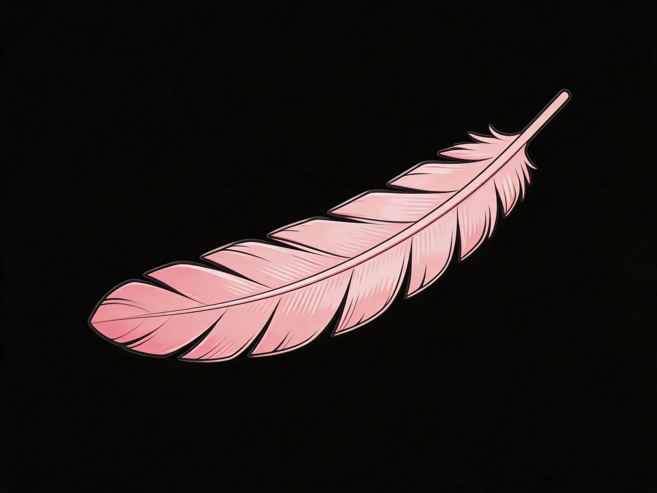 A single pink feather with distinct quill sections against a solid black background