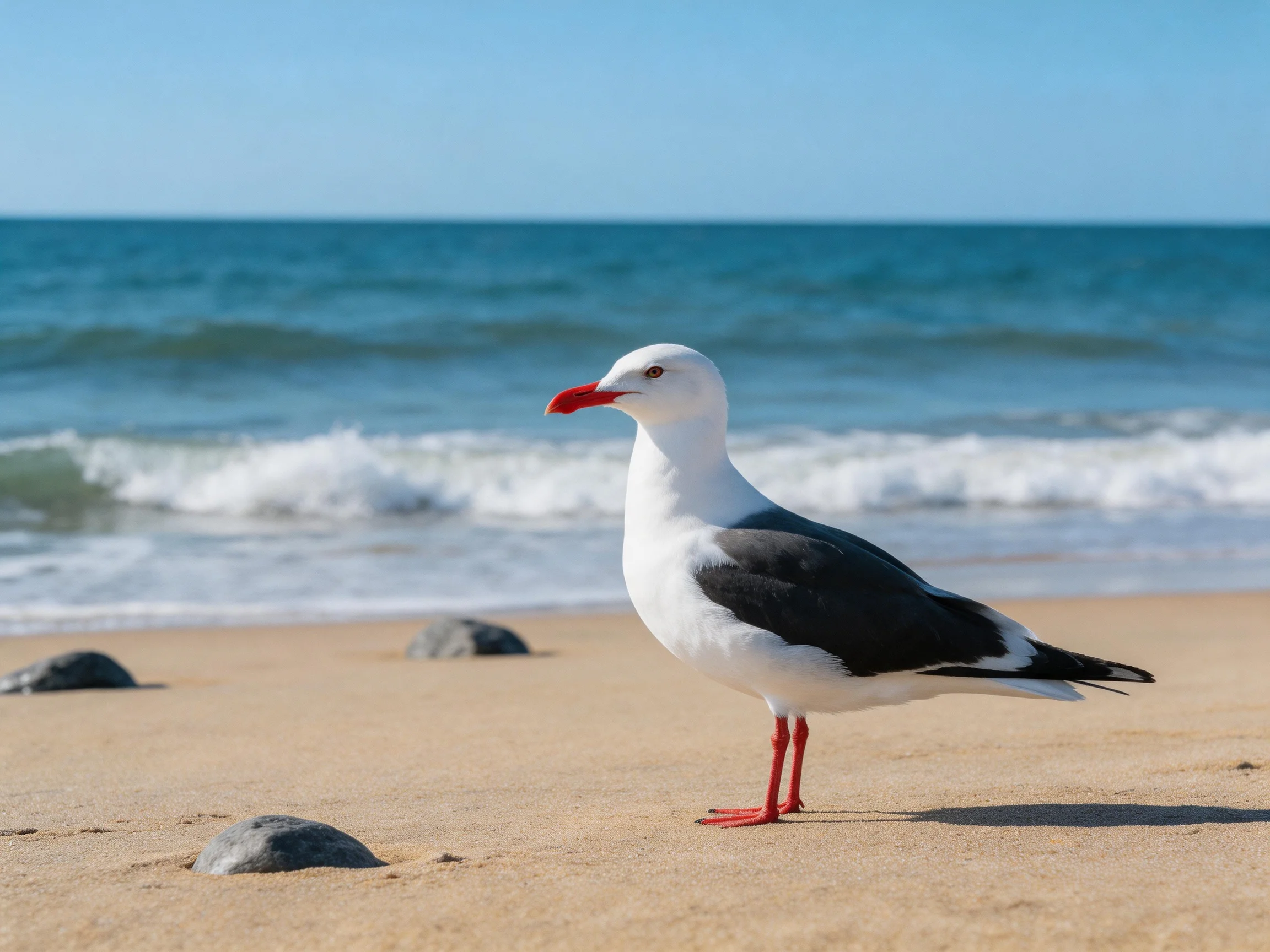 A single seagull with black wings stands on sandy beach by blue ocean