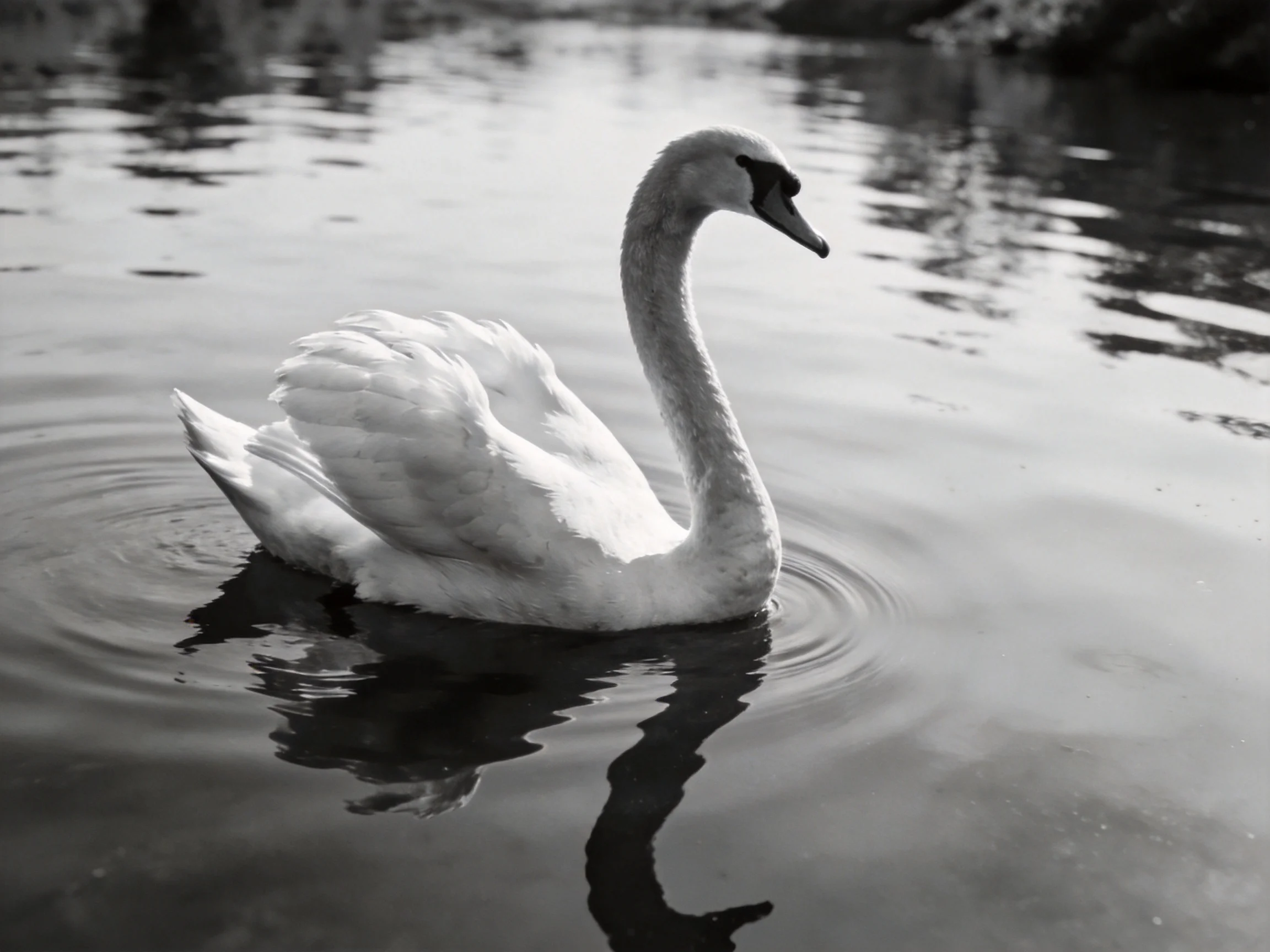 A single swan gliding through calm, reflective water