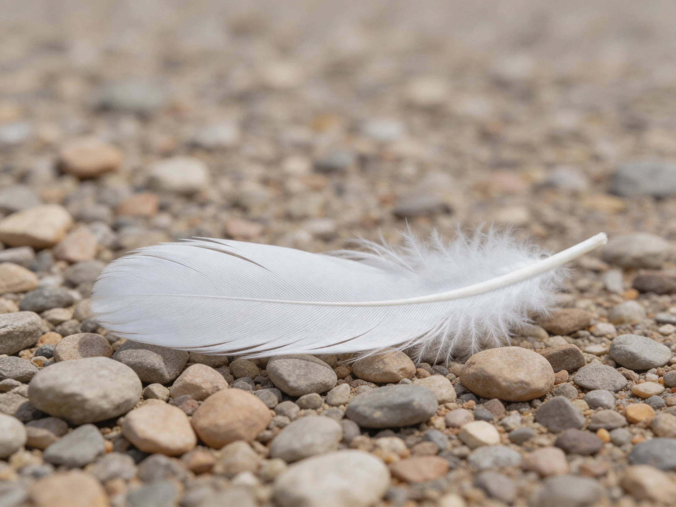 A single white feather rests on multicolored pebbles