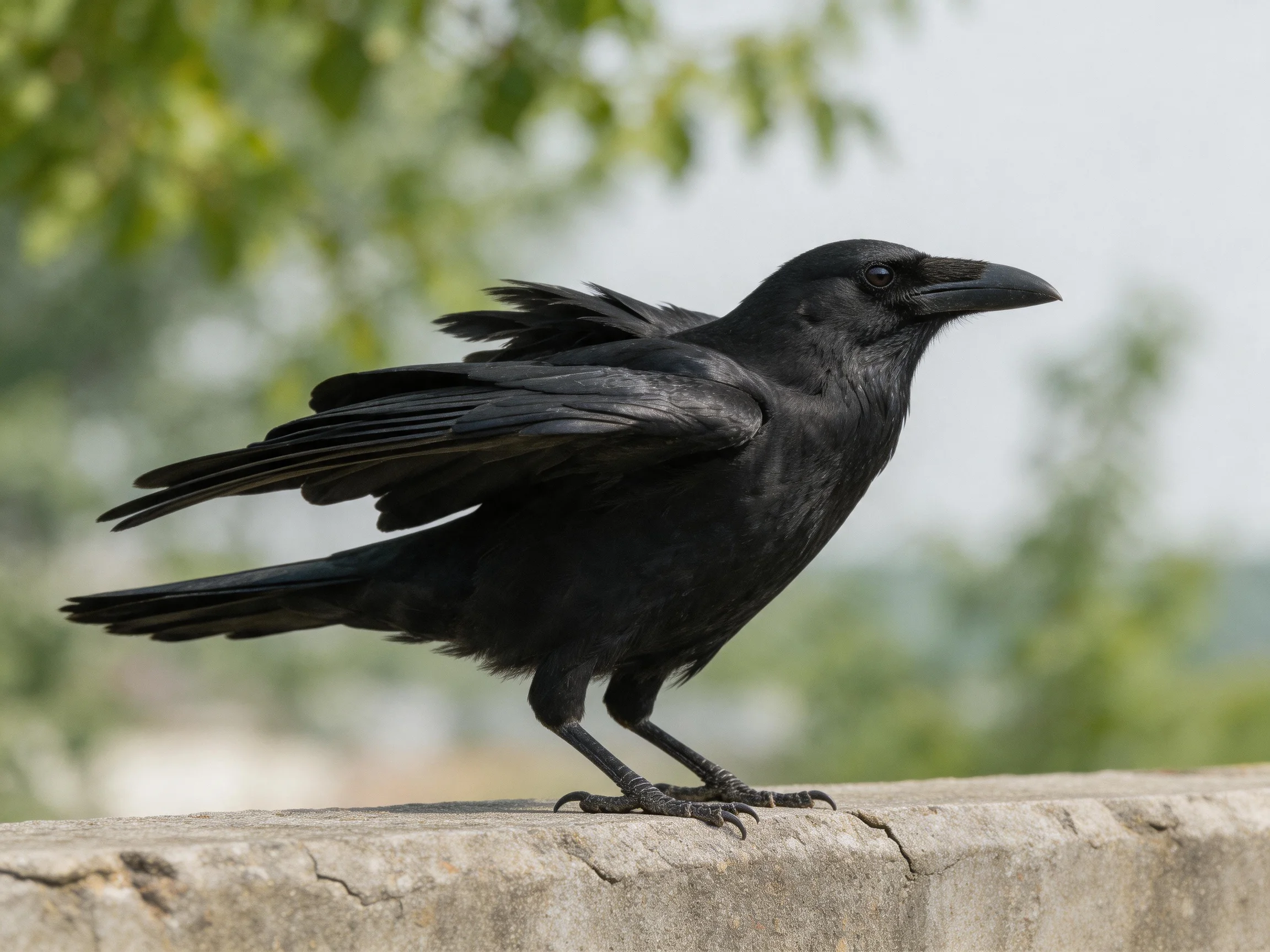 A sleek black crow perched on a weathered concrete ledge