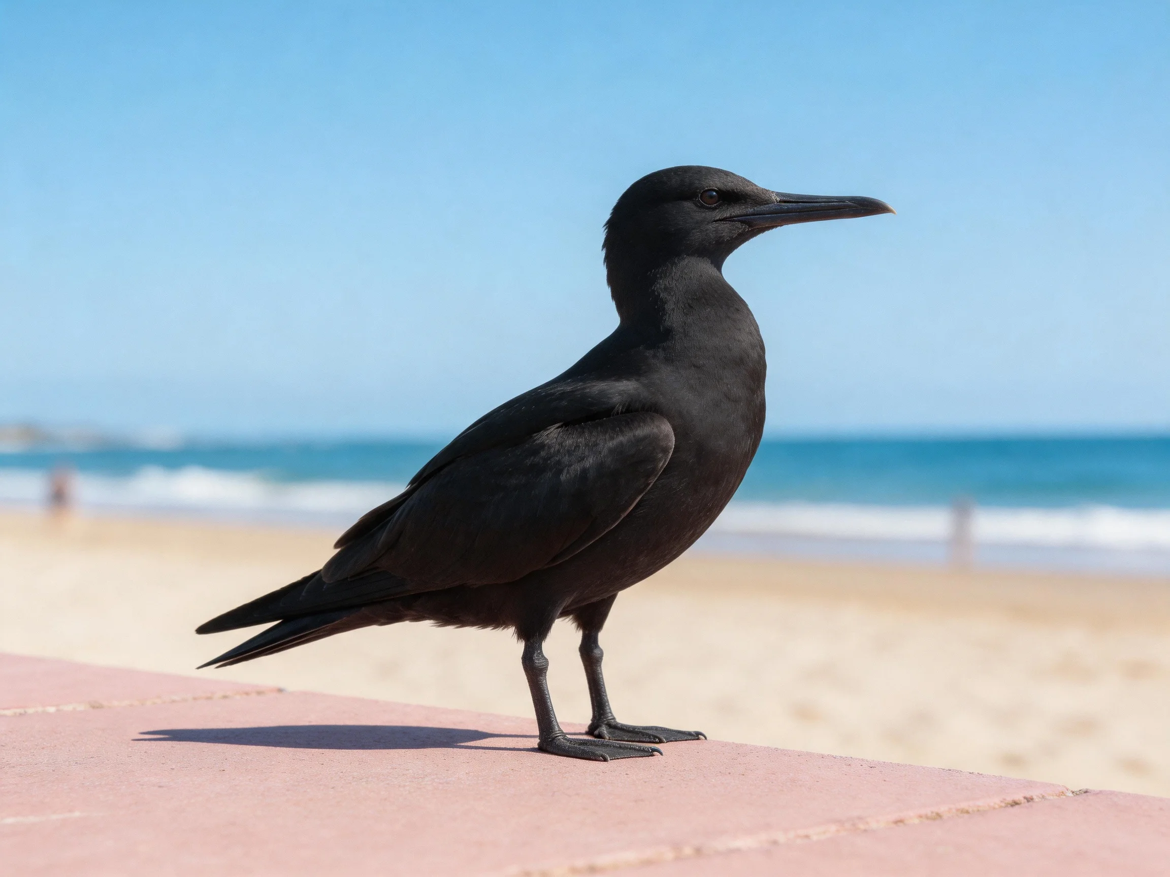 A sleek black seabird perched on a pink ledge by the ocean