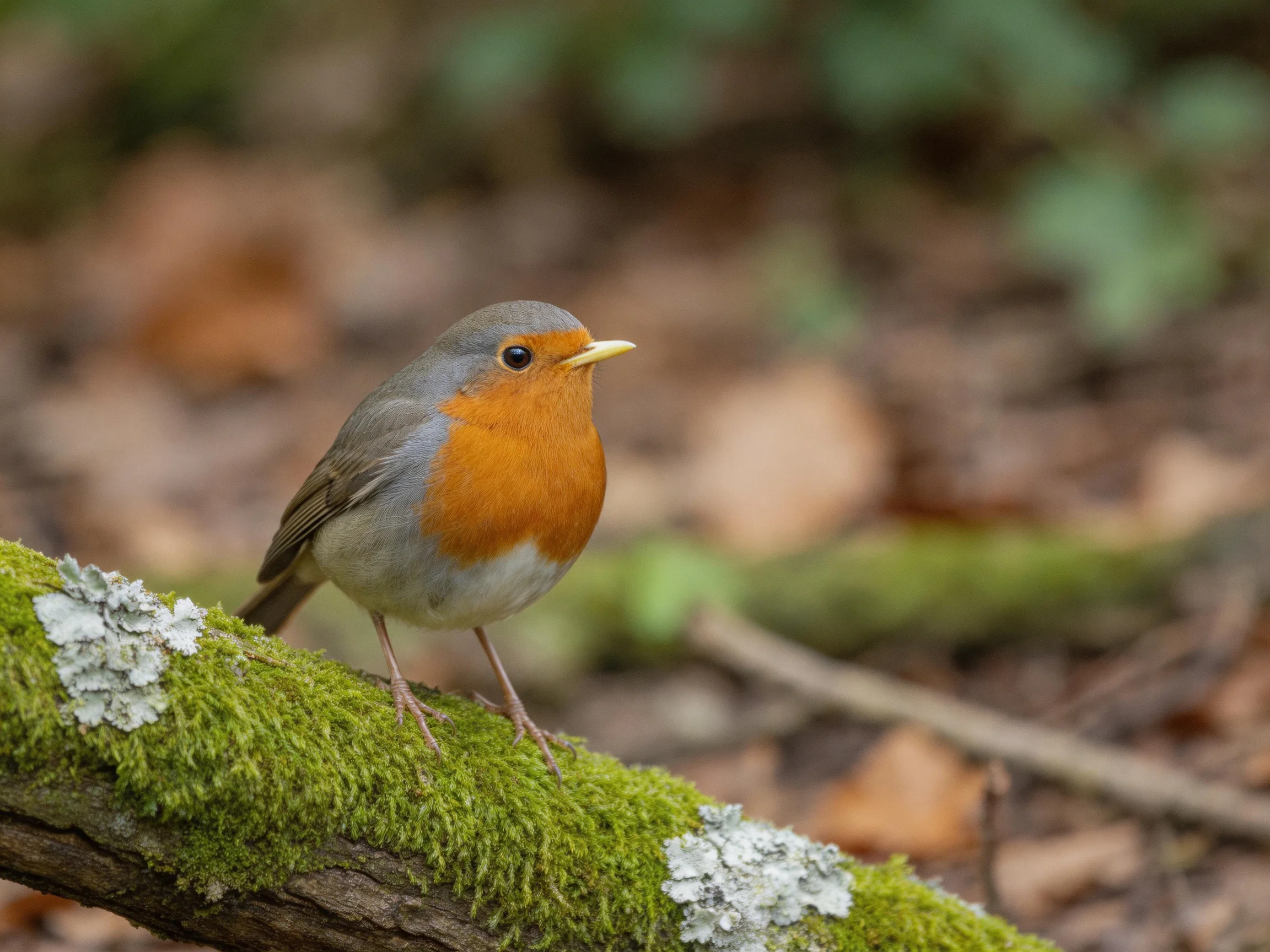 A small European robin perches on a mossy, lichen-covered branch in a forest setting