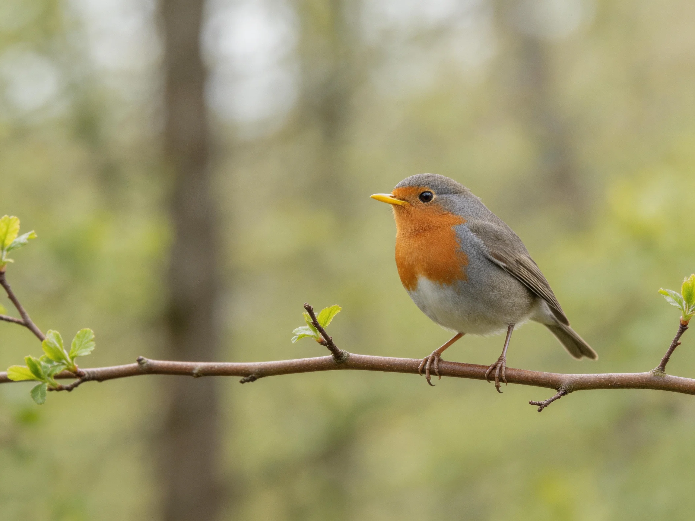 A small European robin with an orange breast perches on a budding branch