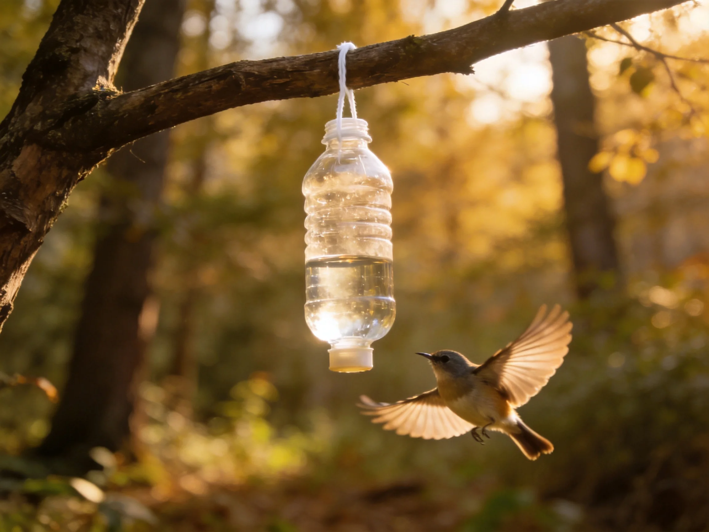 A small bird approaches a plastic water feeder in a sunlit forest