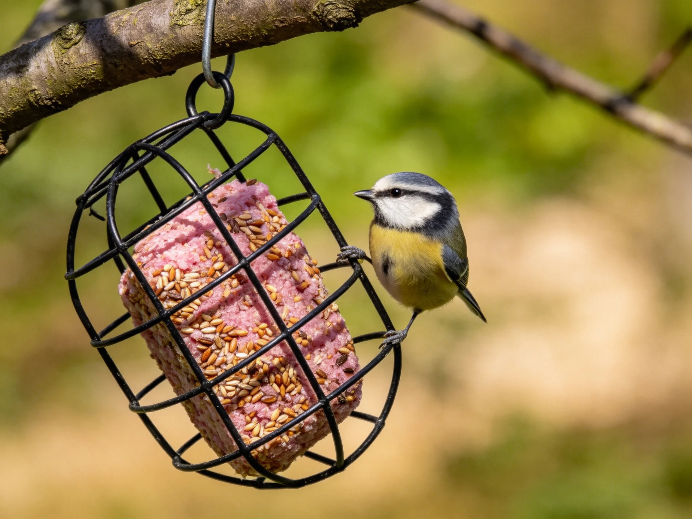 A small bird clings to a wire cage feeder with a pink seed cake