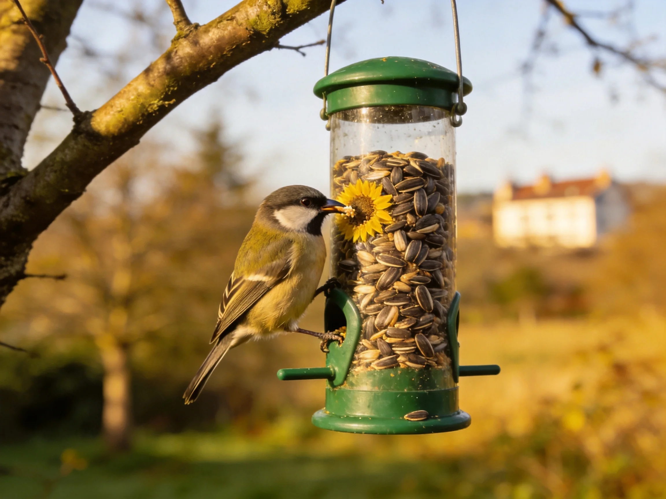 A small bird feeding from a green seed feeder with a yellow flower