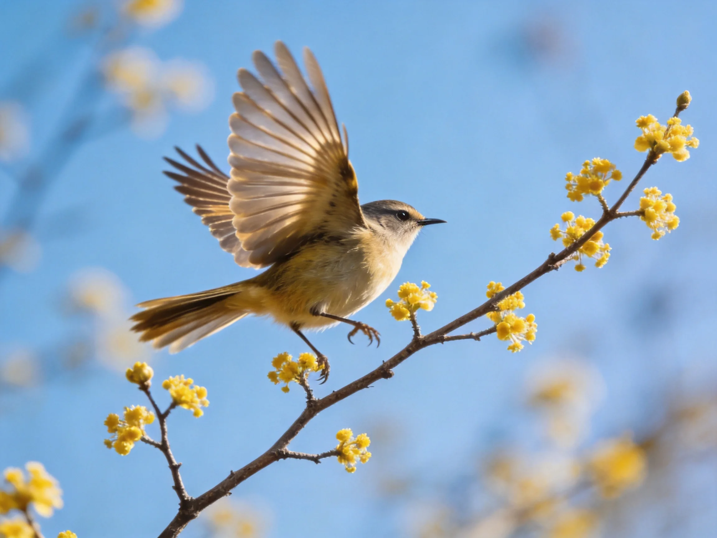 A small bird in mid-flight near yellow flowering branches