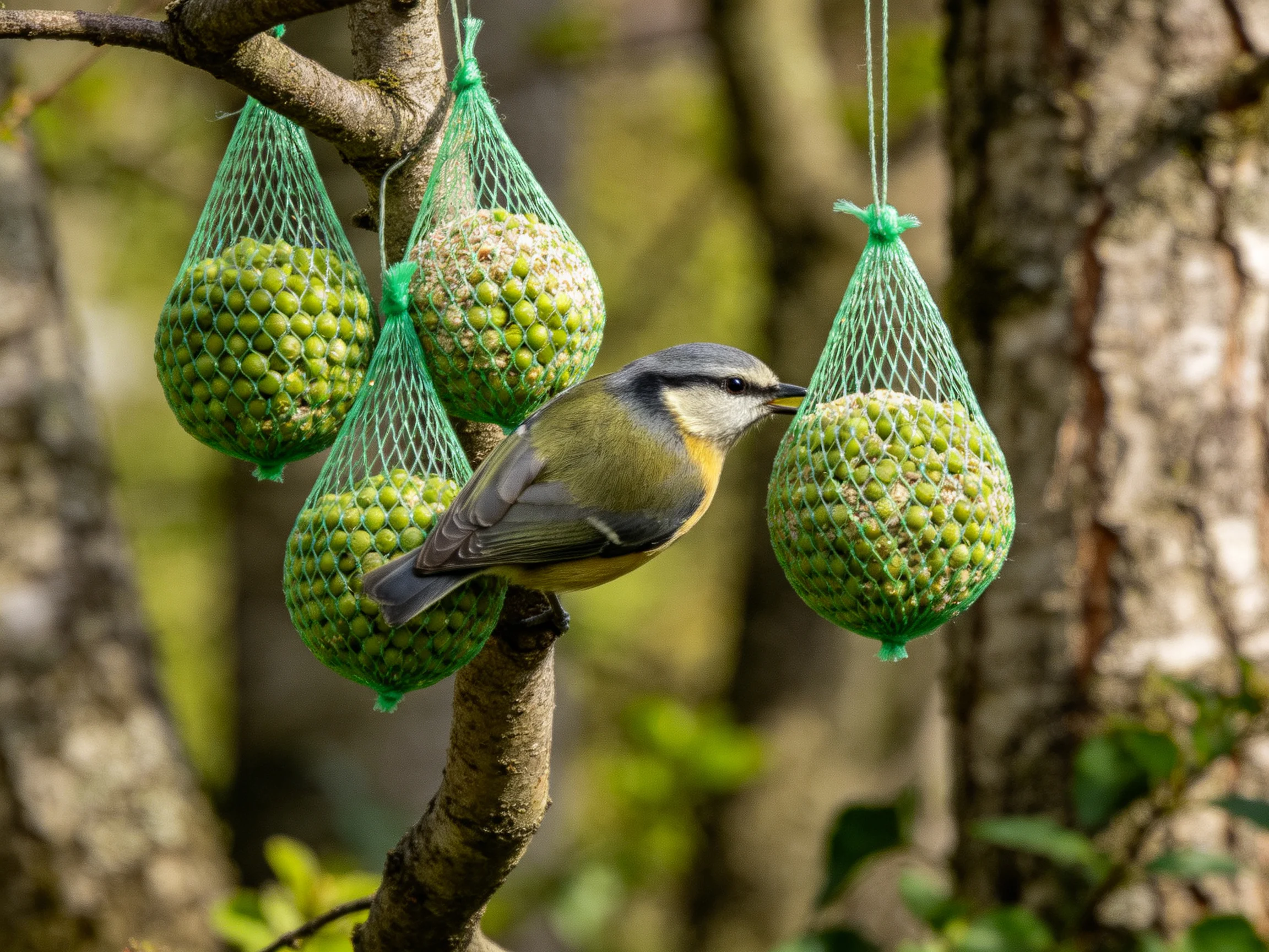 A small bird near four green mesh seed bags hanging from a tree