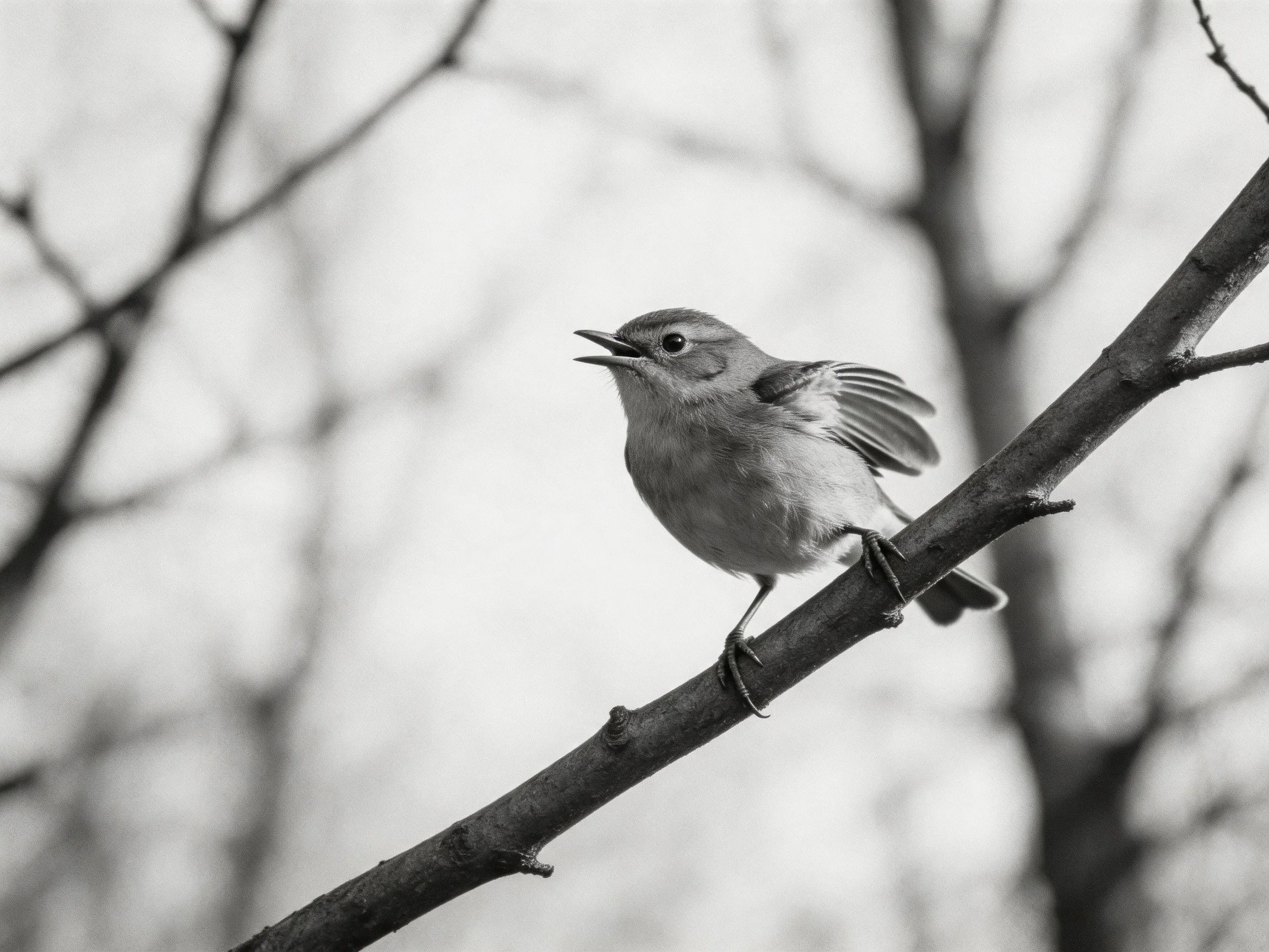 A small bird perched on a bare tree branch in monochrome