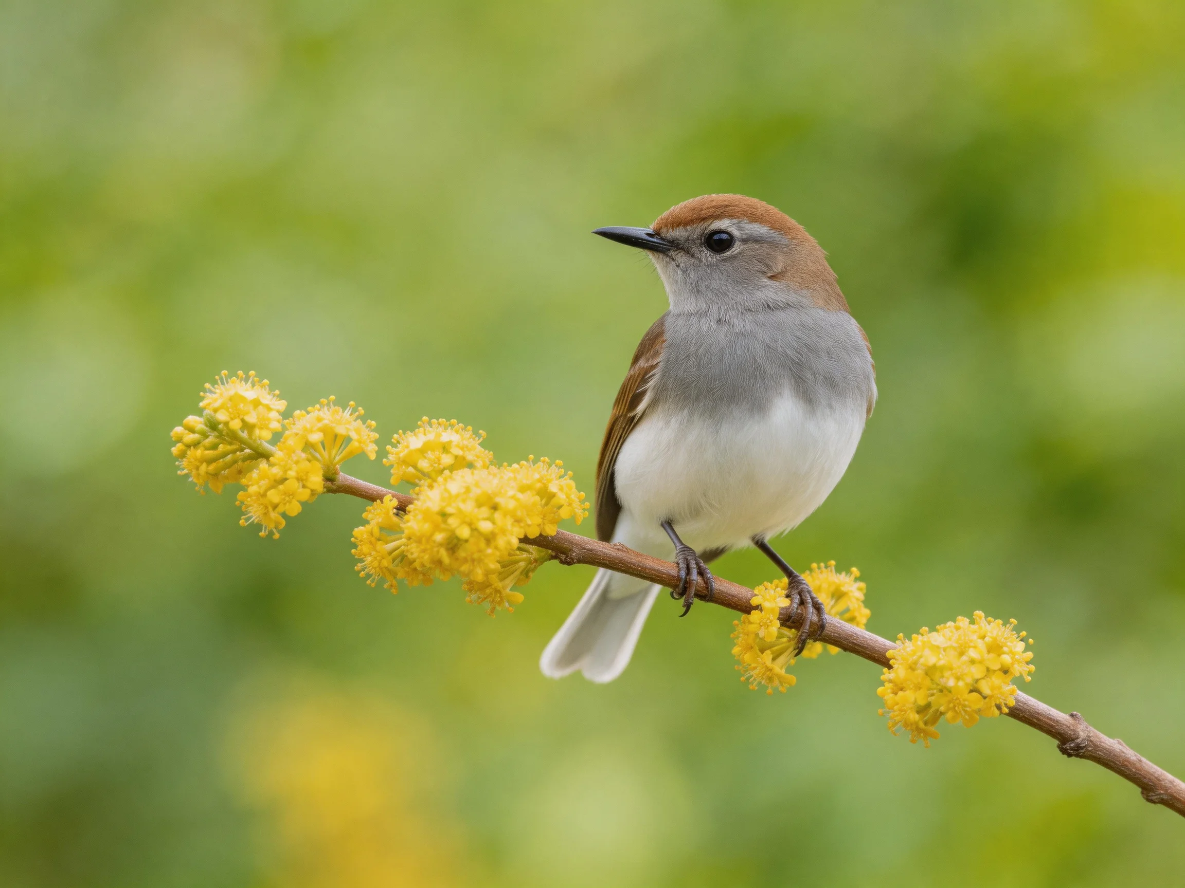 A small bird perched on a branch with yellow blooms