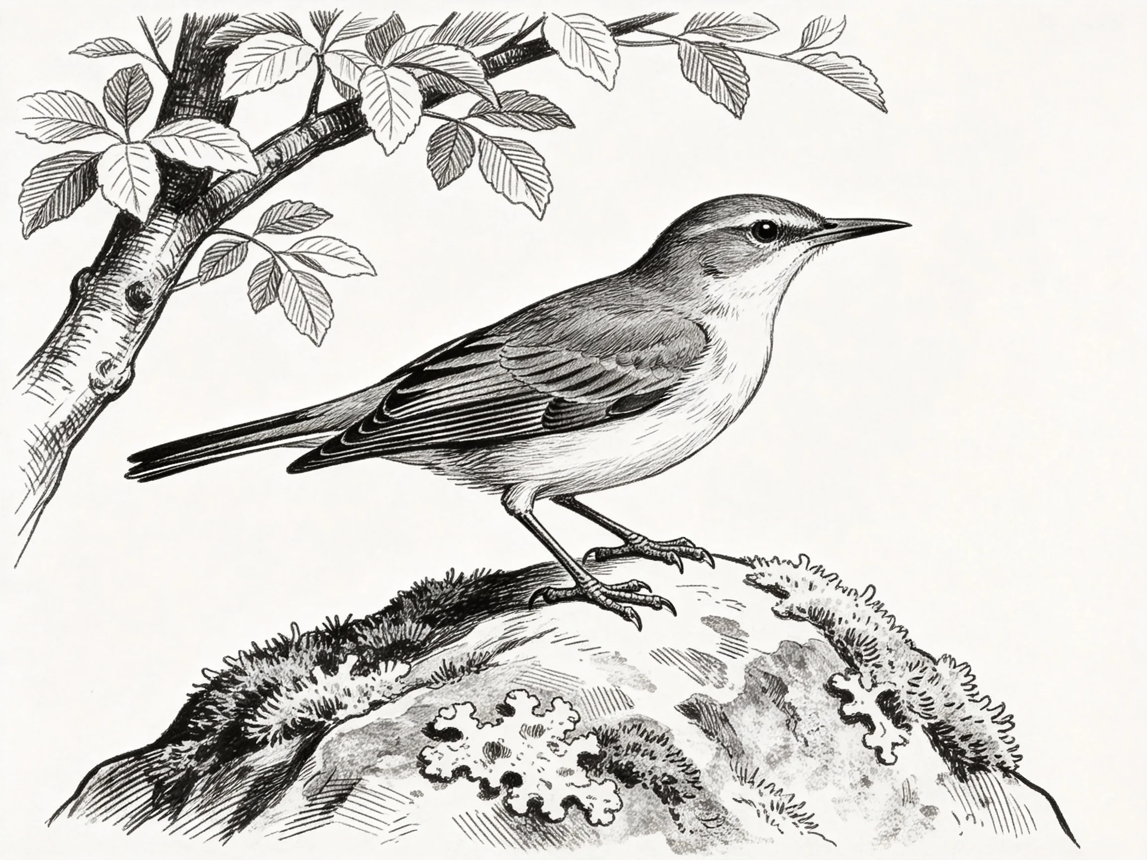 A small bird perched on a moss-covered rock by leafy branches