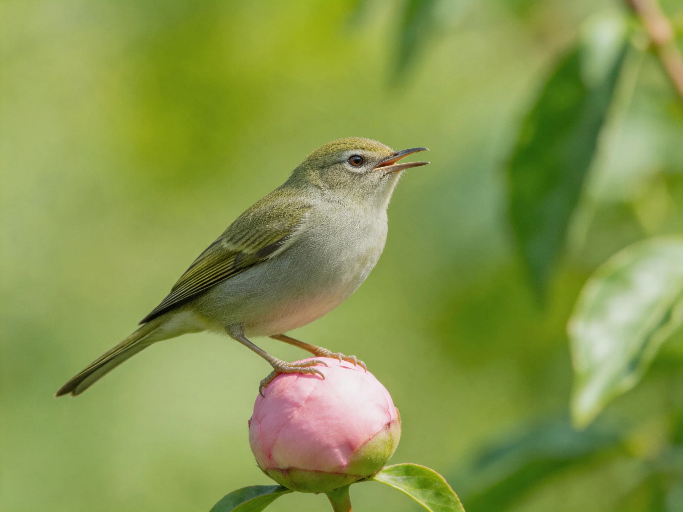 A small bird perched on a pink flower bud with green foliage