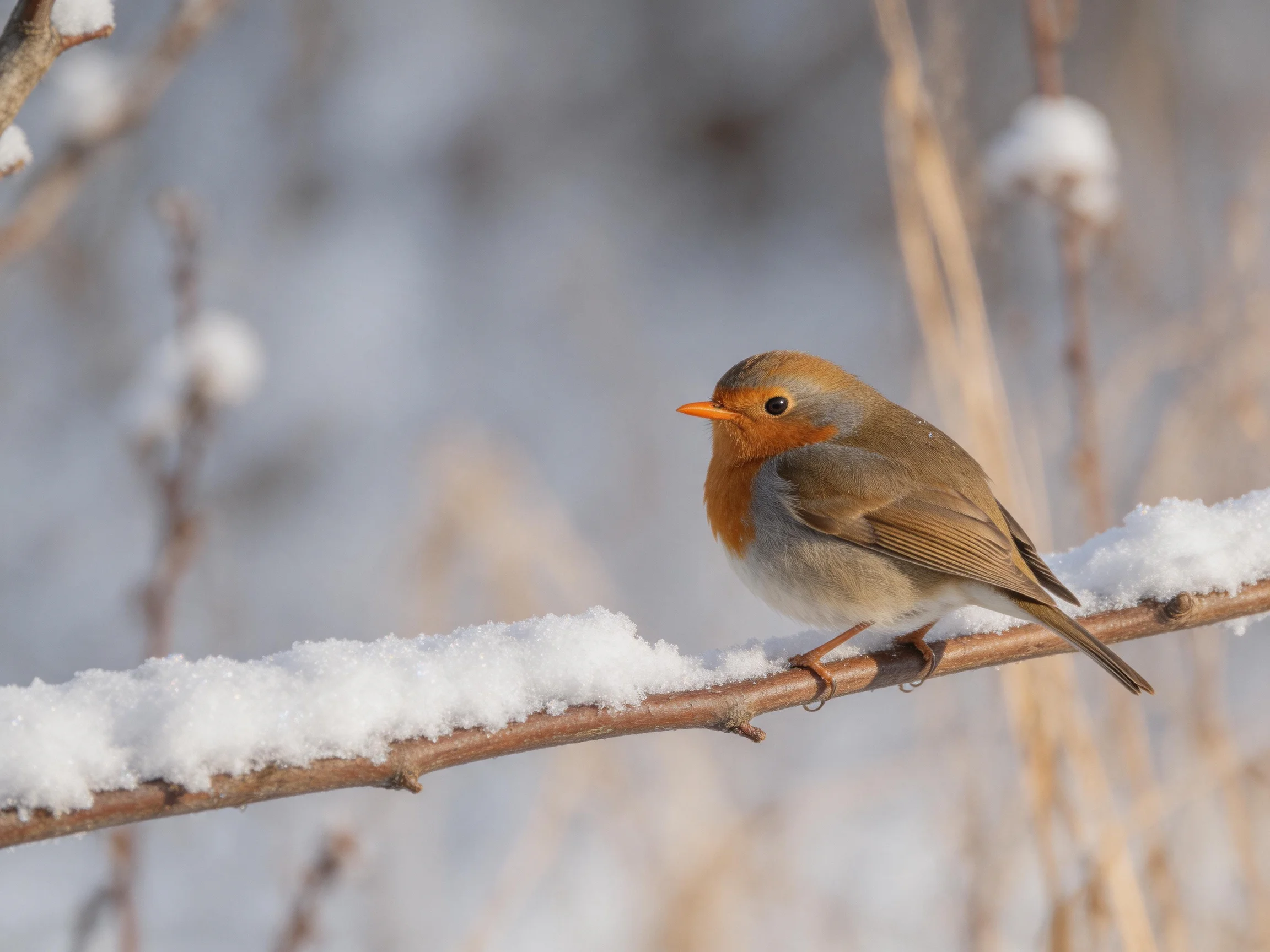 A small bird perched on a snow-dusted winter branch