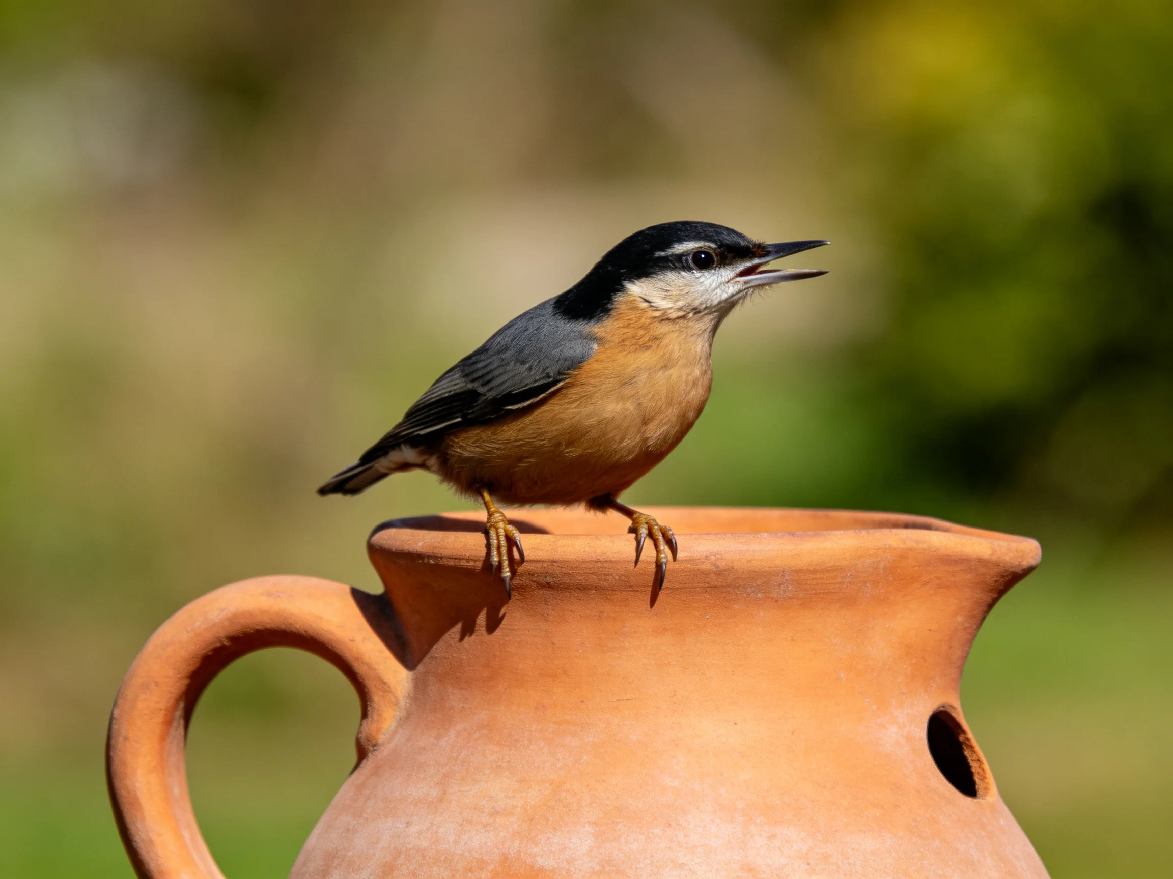 A small bird perched on a terracotta pitcher outdoors