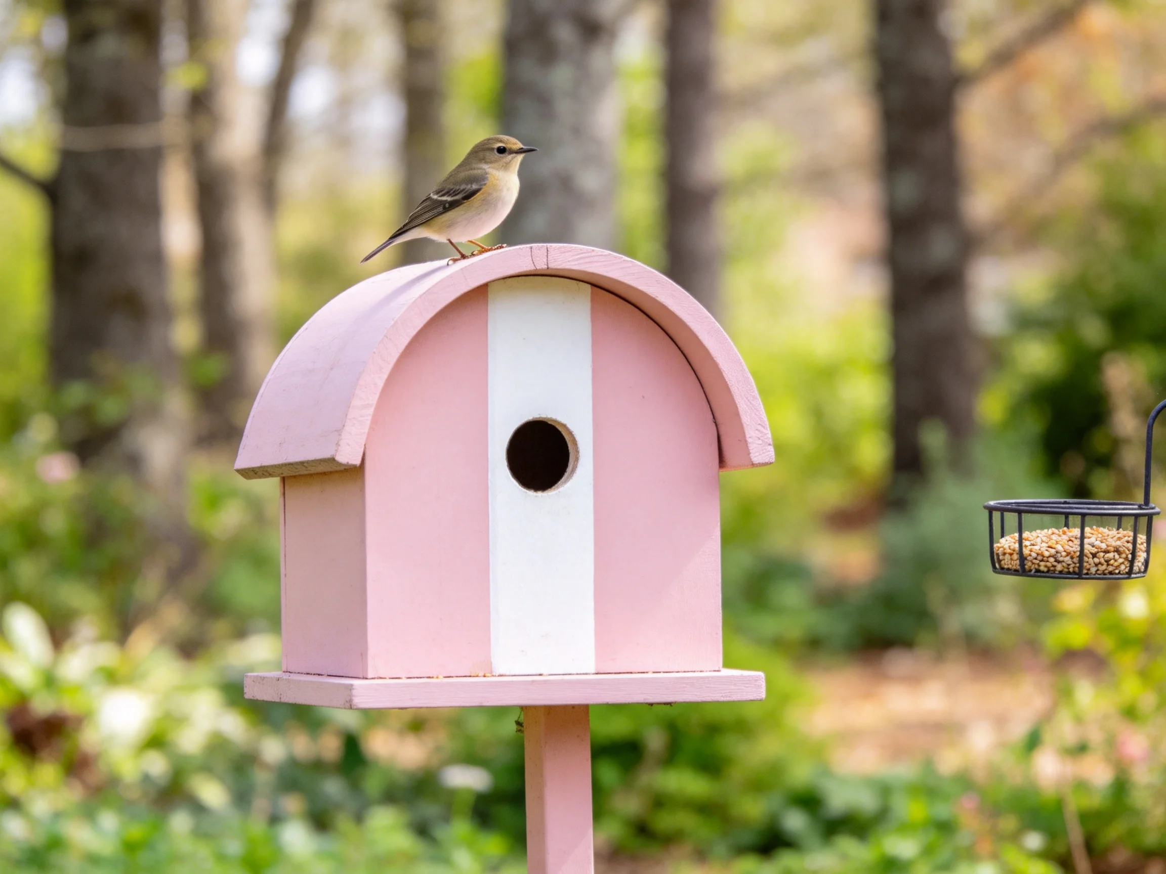 A small bird sits on a pink and white birdhouse next to a seed feeder in woods.