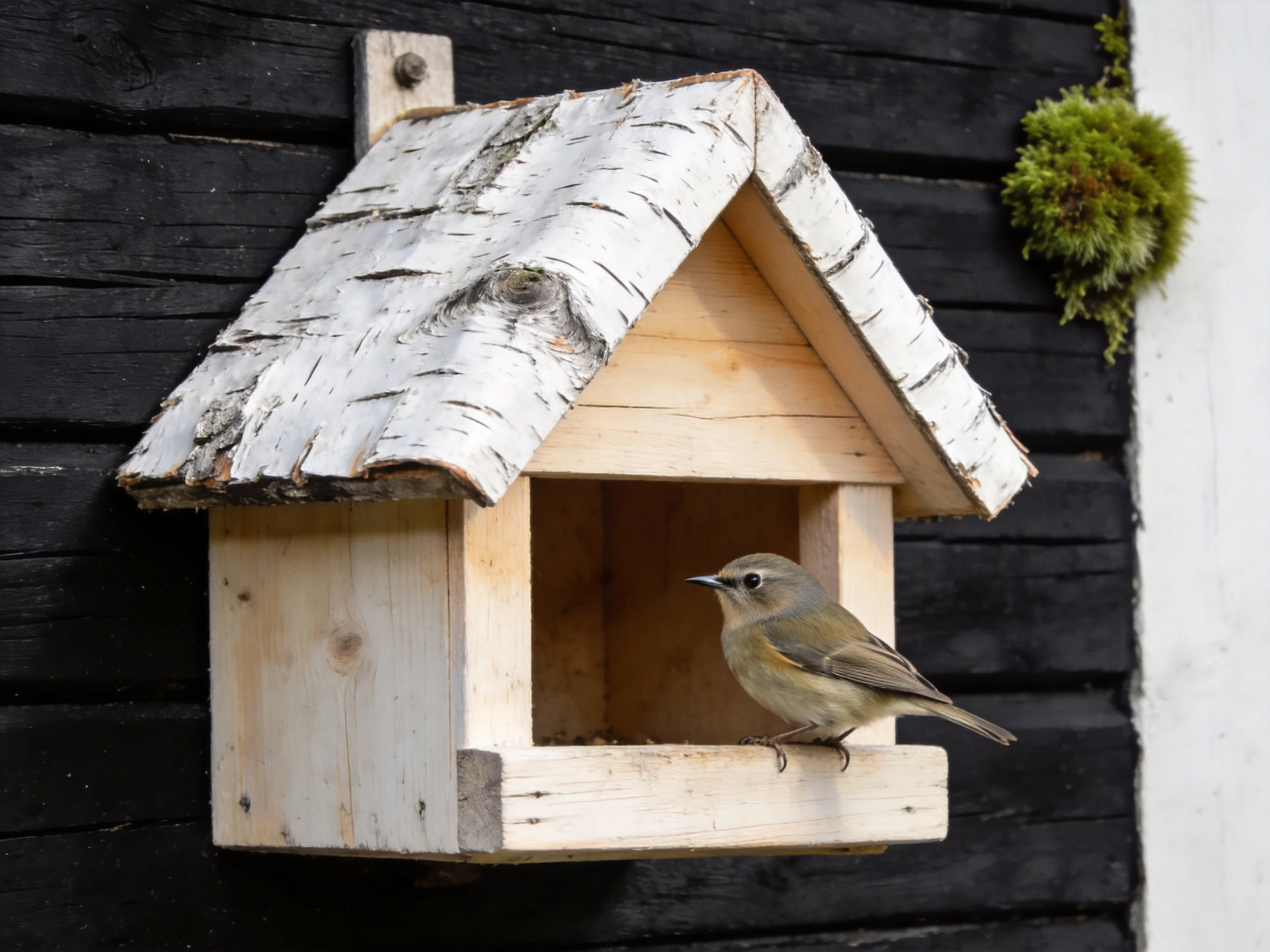 A small bird perches in a wooden birdhouse with birch bark roof