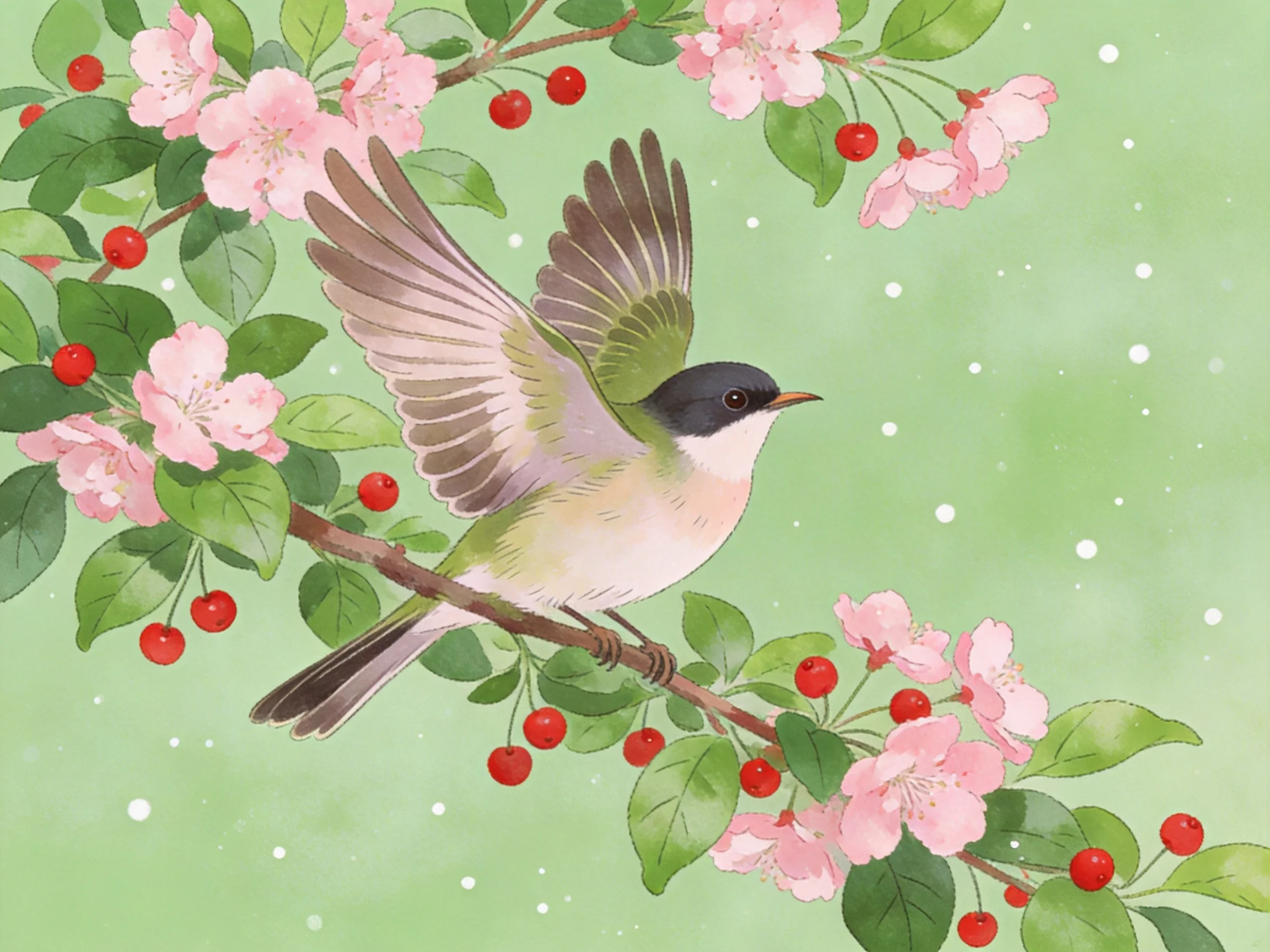 A small bird perches on a branch with pink blossoms and red berries