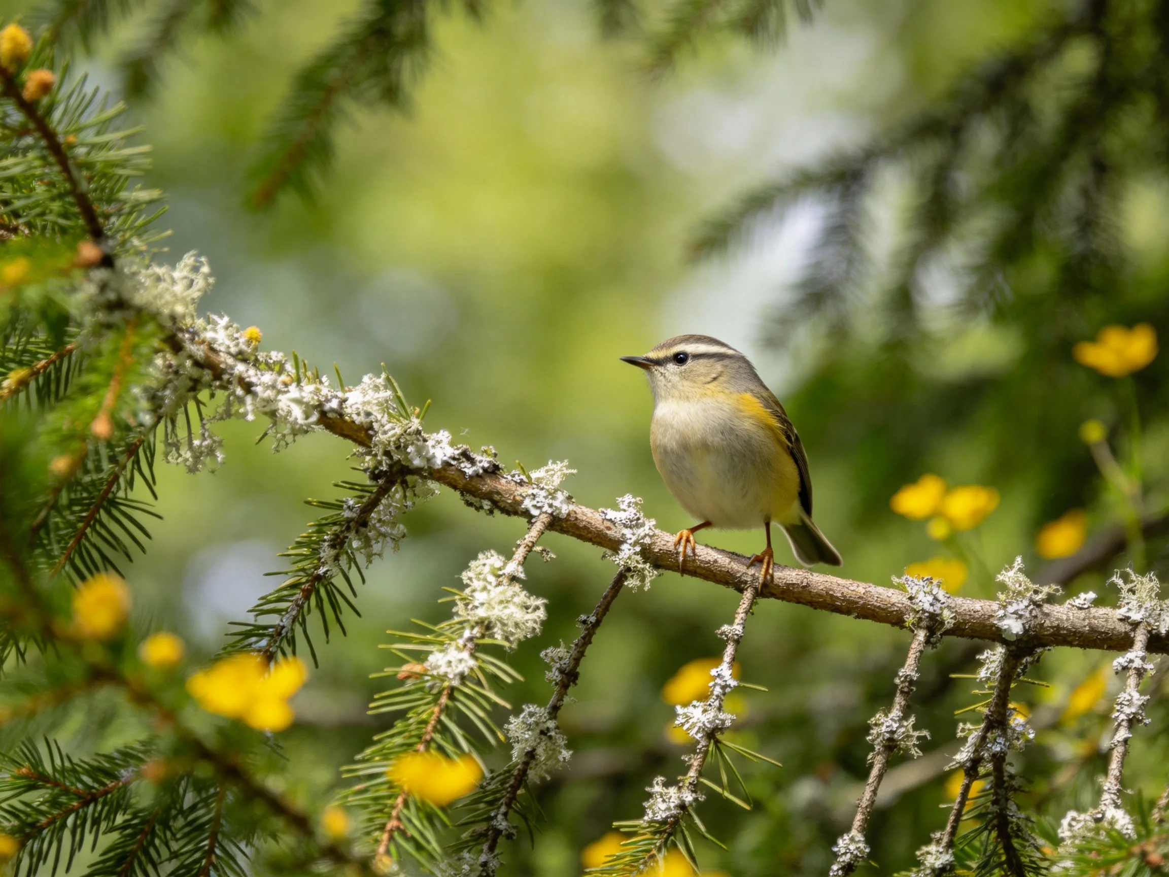 A small bird perches on a lichen-covered pine branch near yellow blooms